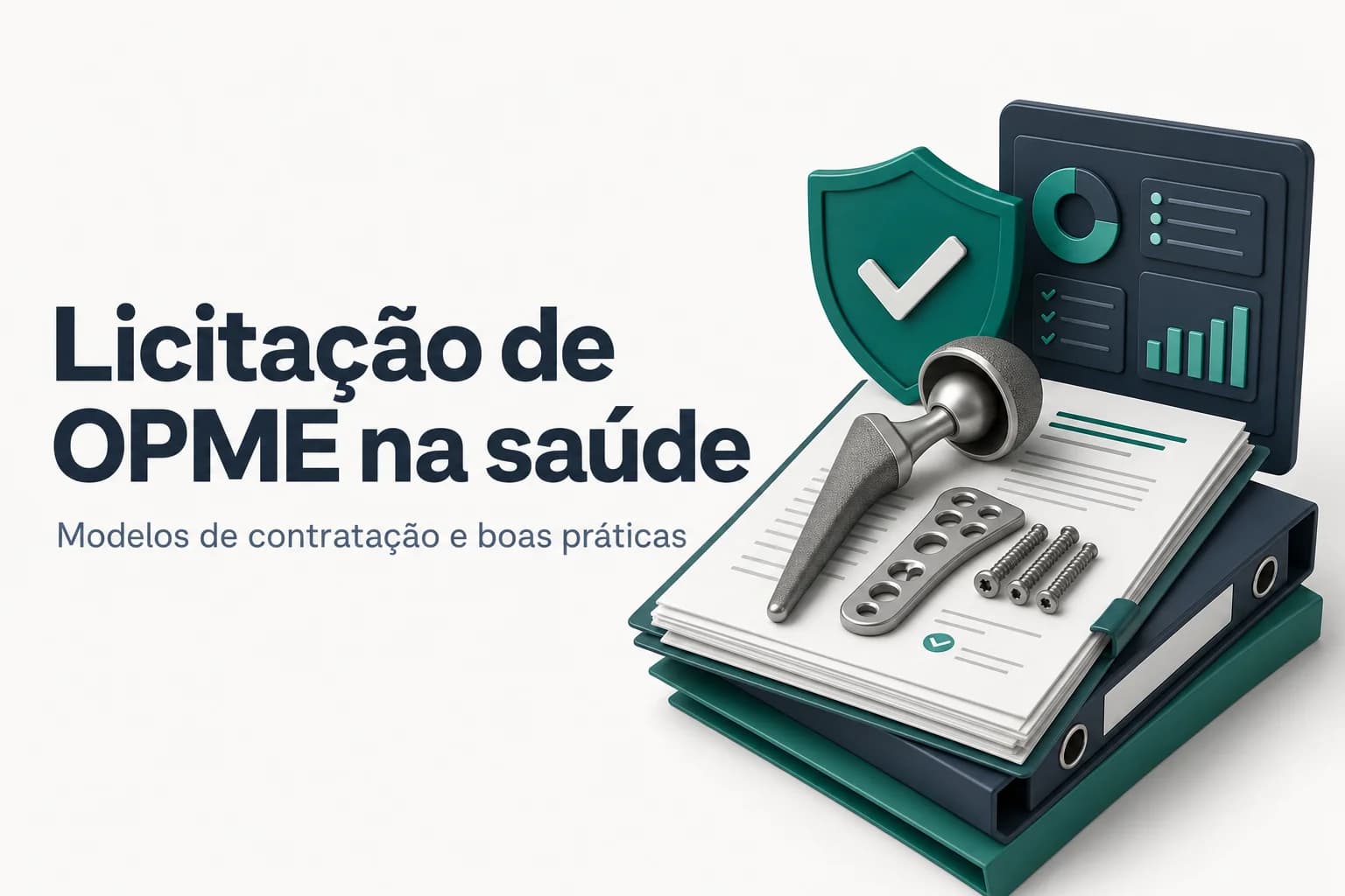 Ilustração de equipamentos médicos e documentos de licitação simbolizando a aquisição de OPME no setor público.