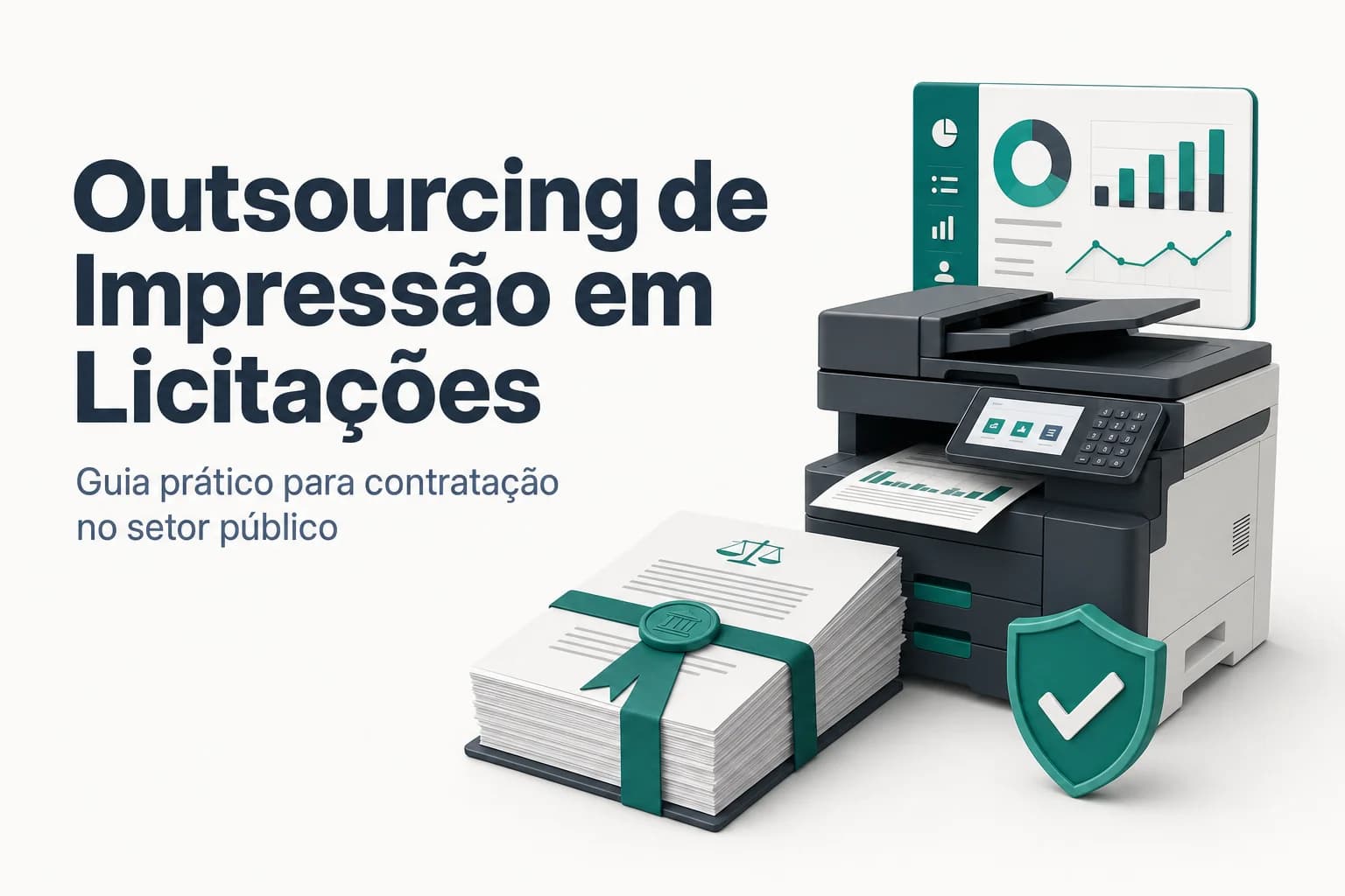 Ilustração de impressoras em escritório público com documentos e selo de licitação