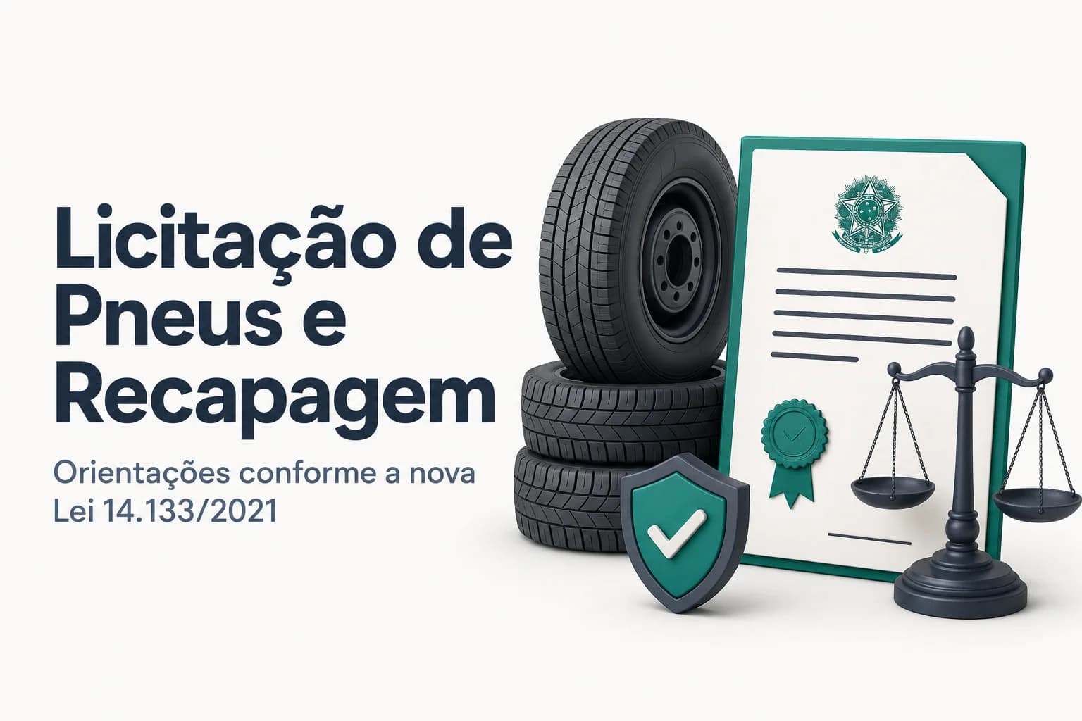 Imagem de pneus de veículos de frota pública e recapagem, com ícones de licitação.