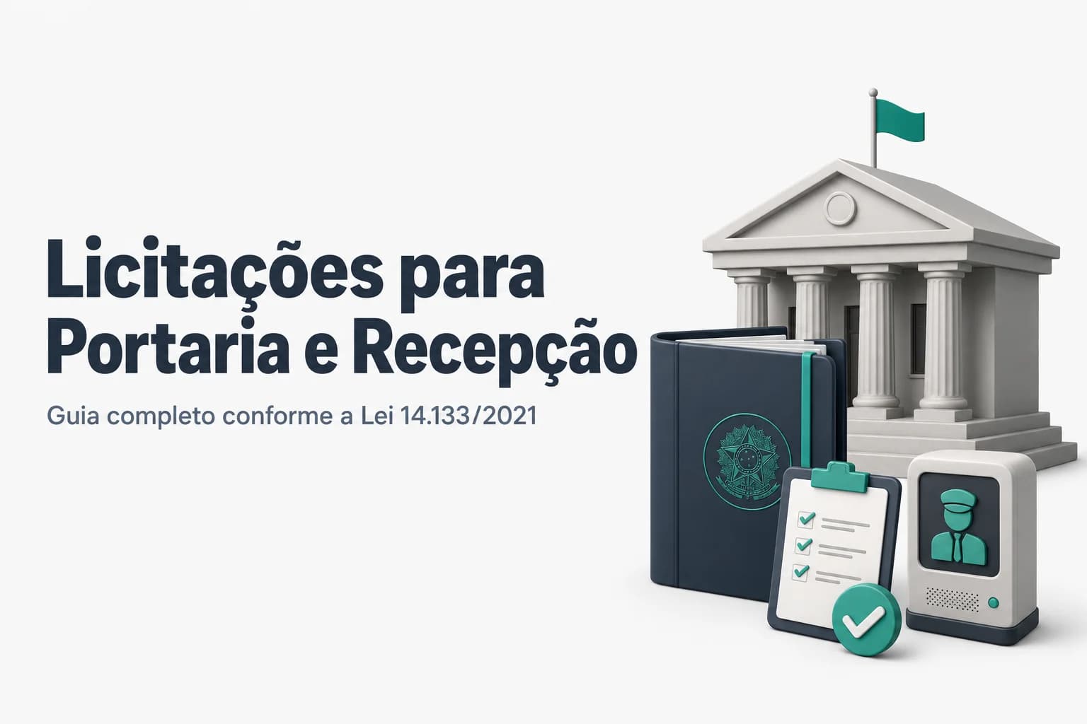 Ilustração de uma portaria de prédio público com recepcionista e portaria terceirizados, destacando a gestão contratual.