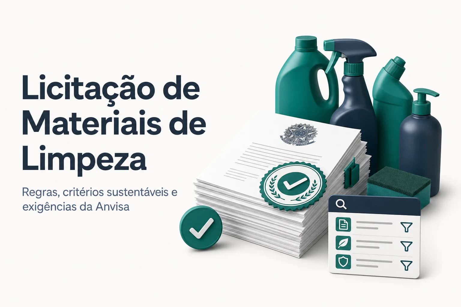 Pilha de produtos de limpeza e higiene sobre fundo azul, ilustrando licitação pública