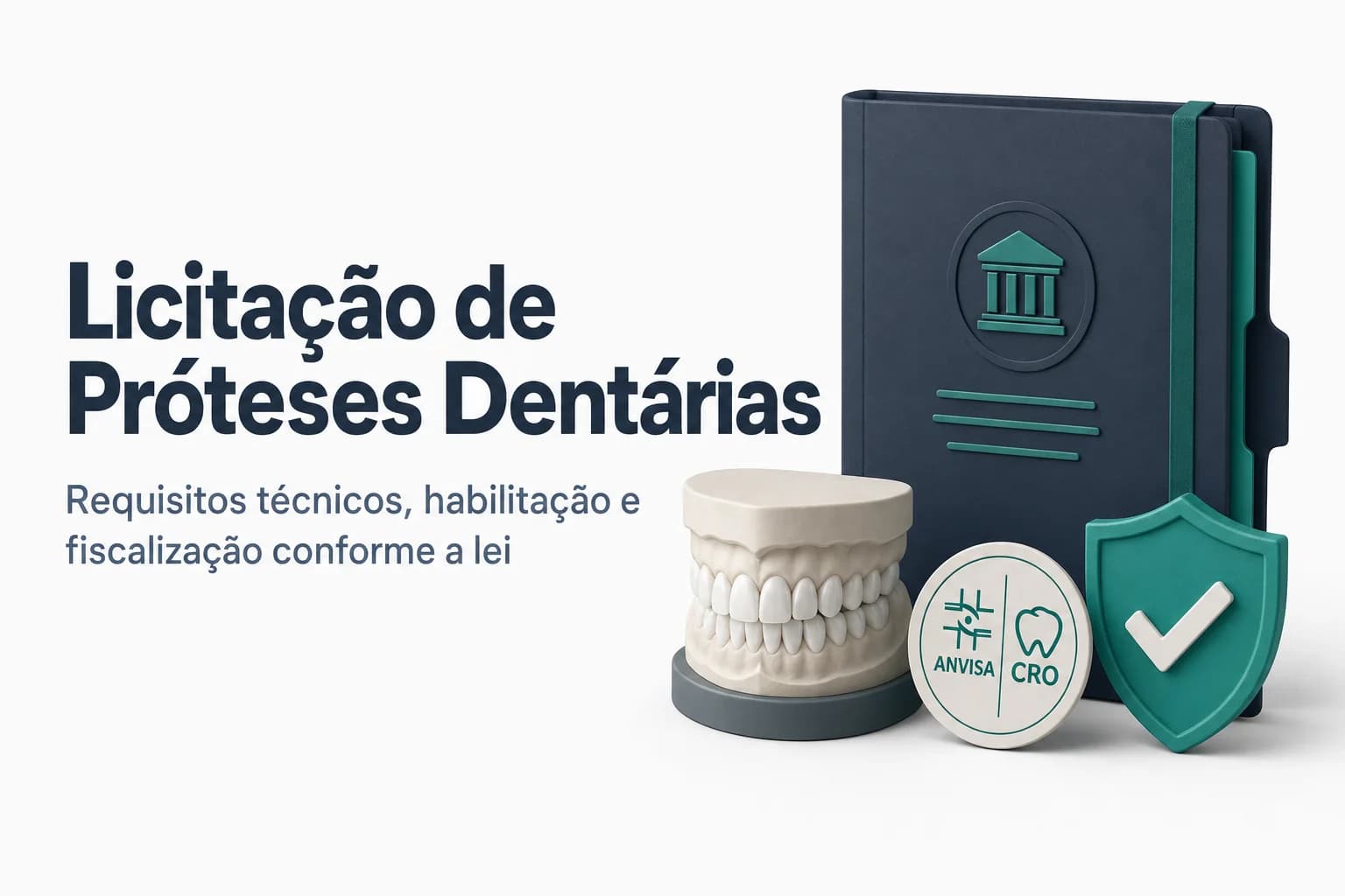 Ilustração de prótese dentária sobre documentos de licitação pública com destaque para a Lei 14.133/2021