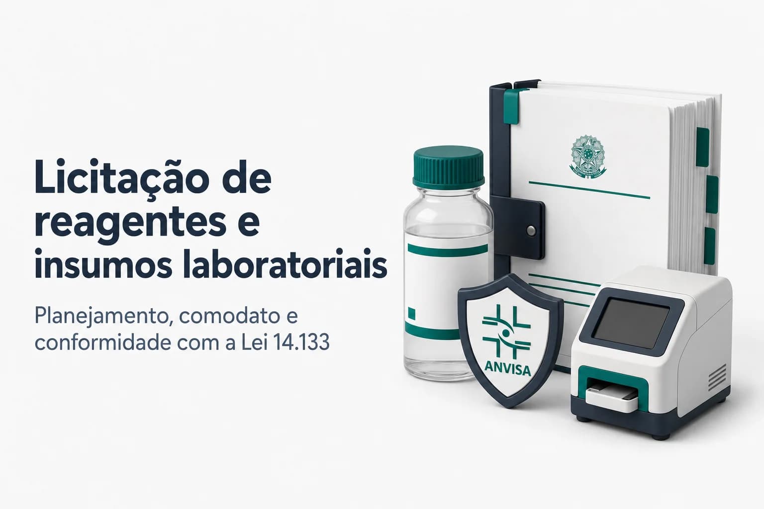 Frasco de reagente de laboratório de análises clínicas ao lado de documentos de licitação e computador