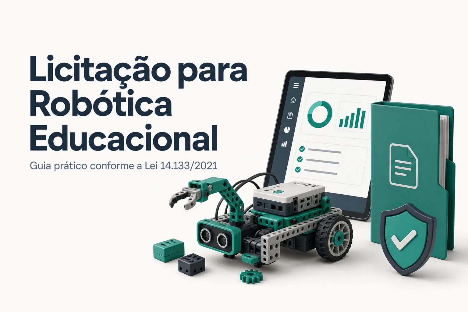 Kits de robótica educacional e equipamentos de informática em sala de aula, com documentos de licitação ao fundo.