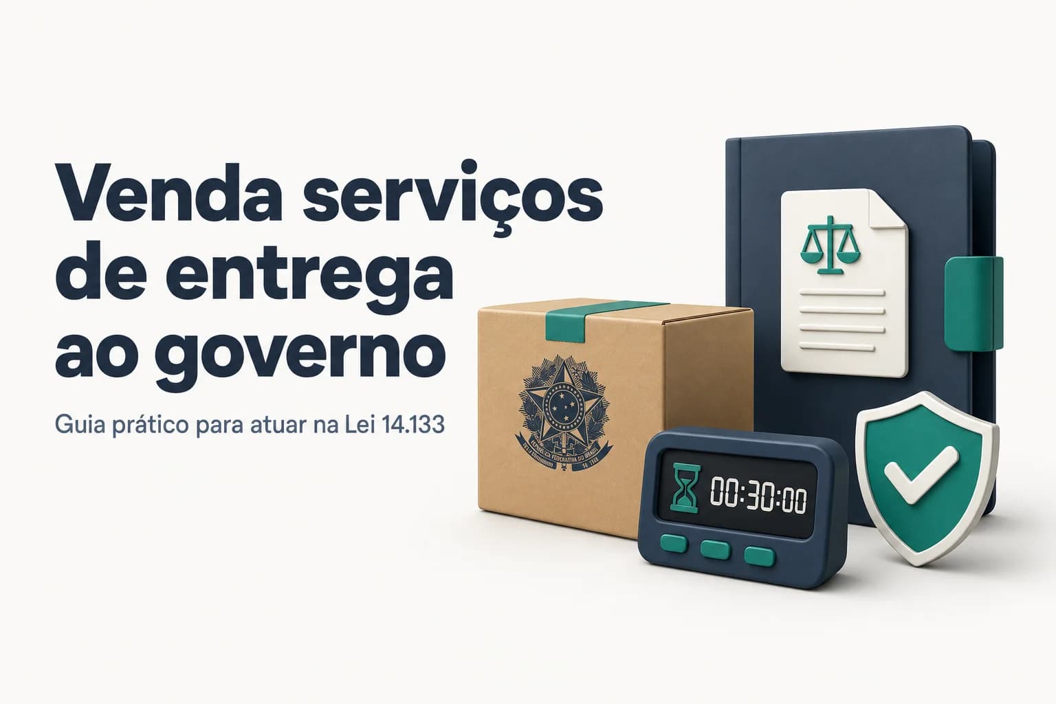 Ilustração de um motoboy realizando entrega em um prédio público, com documentos e referência à Lei de Licitações