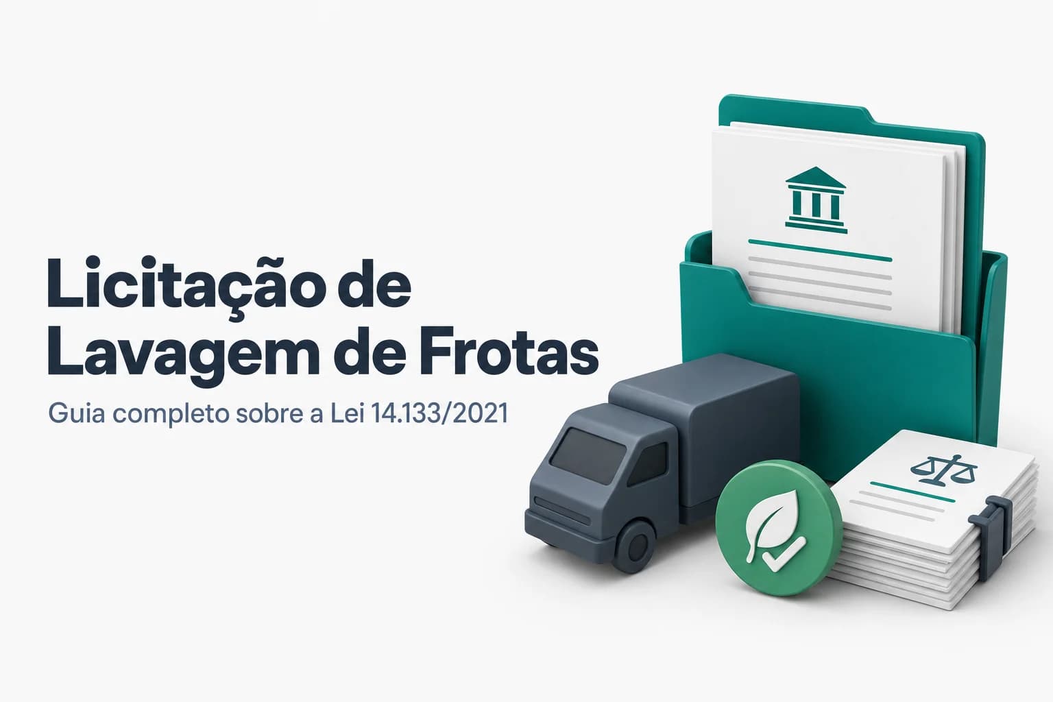 Ilustração de um caminhão de lavagem de veículos ao lado de documentos de licitação e um selo de sustentabilidade.