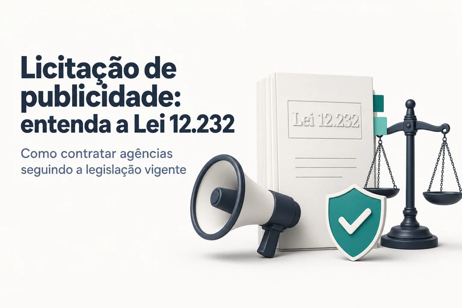 Ilustração de um contrato público com selo da Lei 12.232/2010 e uma agência de propaganda ao fundo.