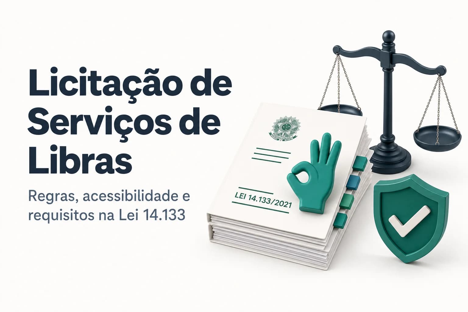 Profissional intérprete de Libras durante atendimento público com fundo de documentos de licitação.