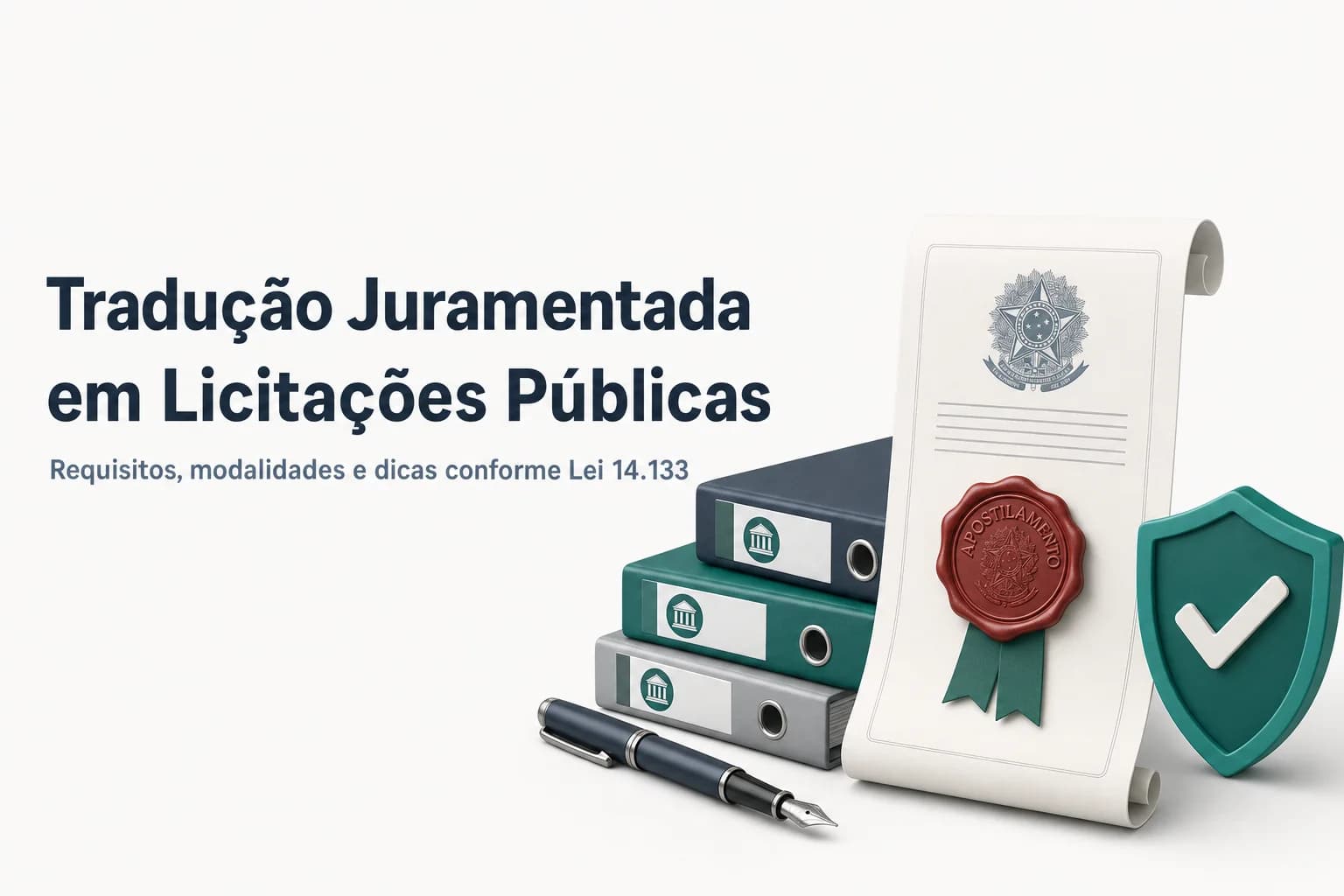 Profissional de tradução revisando documentos com selo de apostilamento e referências a licitações públicas