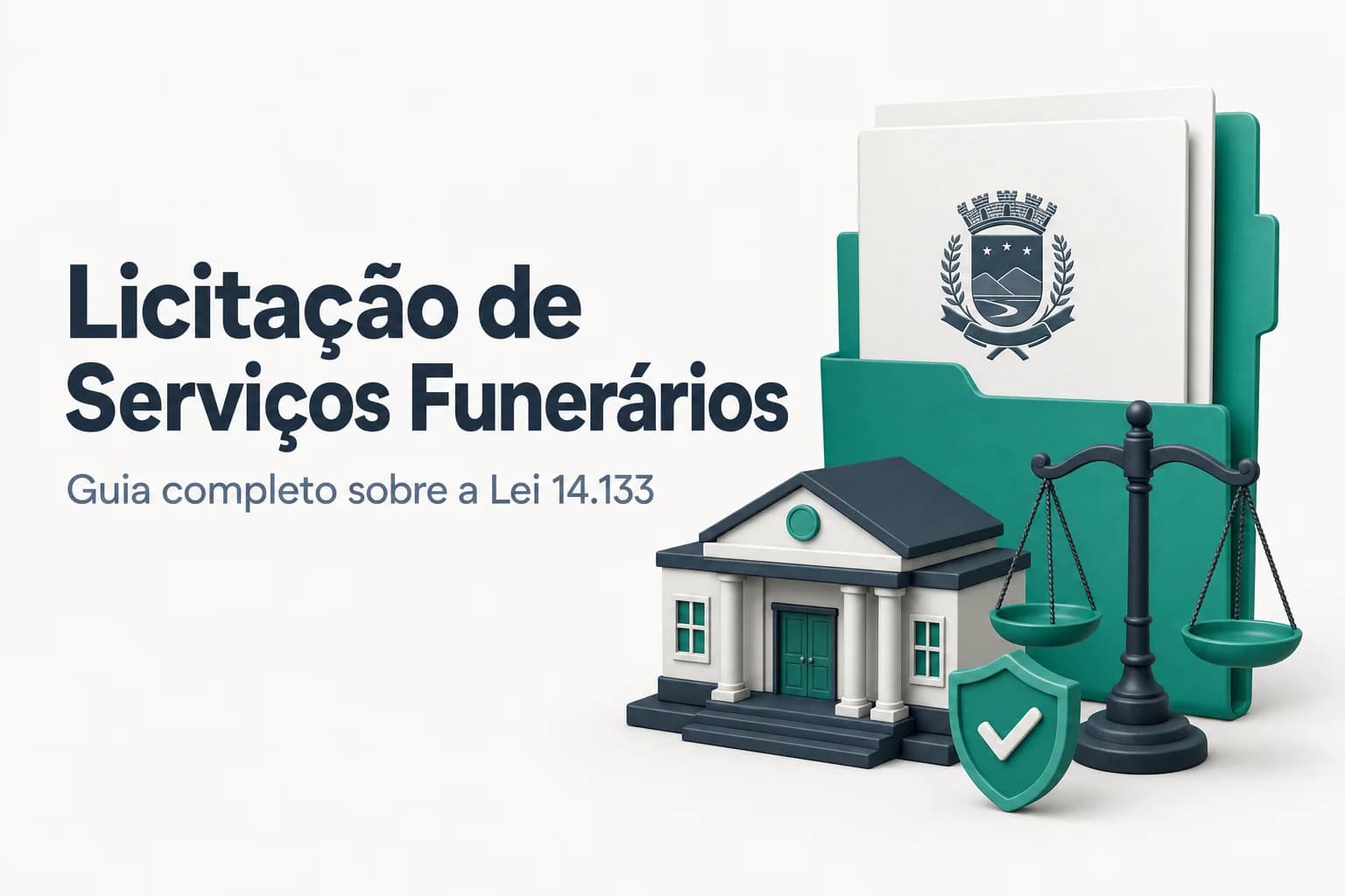 Ilustração de um edital de licitação para serviços funerários municipais, com lei e documentos ao fundo