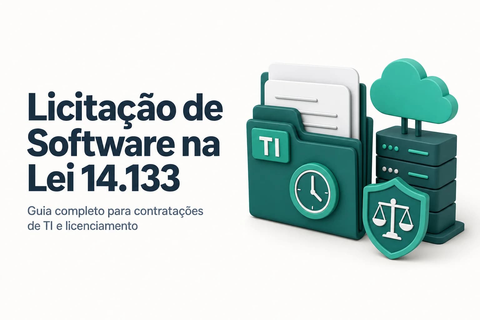 Ilustração de um edital de licitação sobre uma mesa com código de software e documentos oficiais