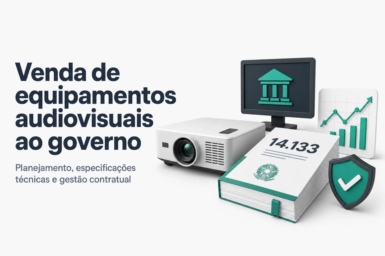 Televisores, projetores e equipamentos audiovisuais dispostos em ambiente corporativo com foco em licitações públicas