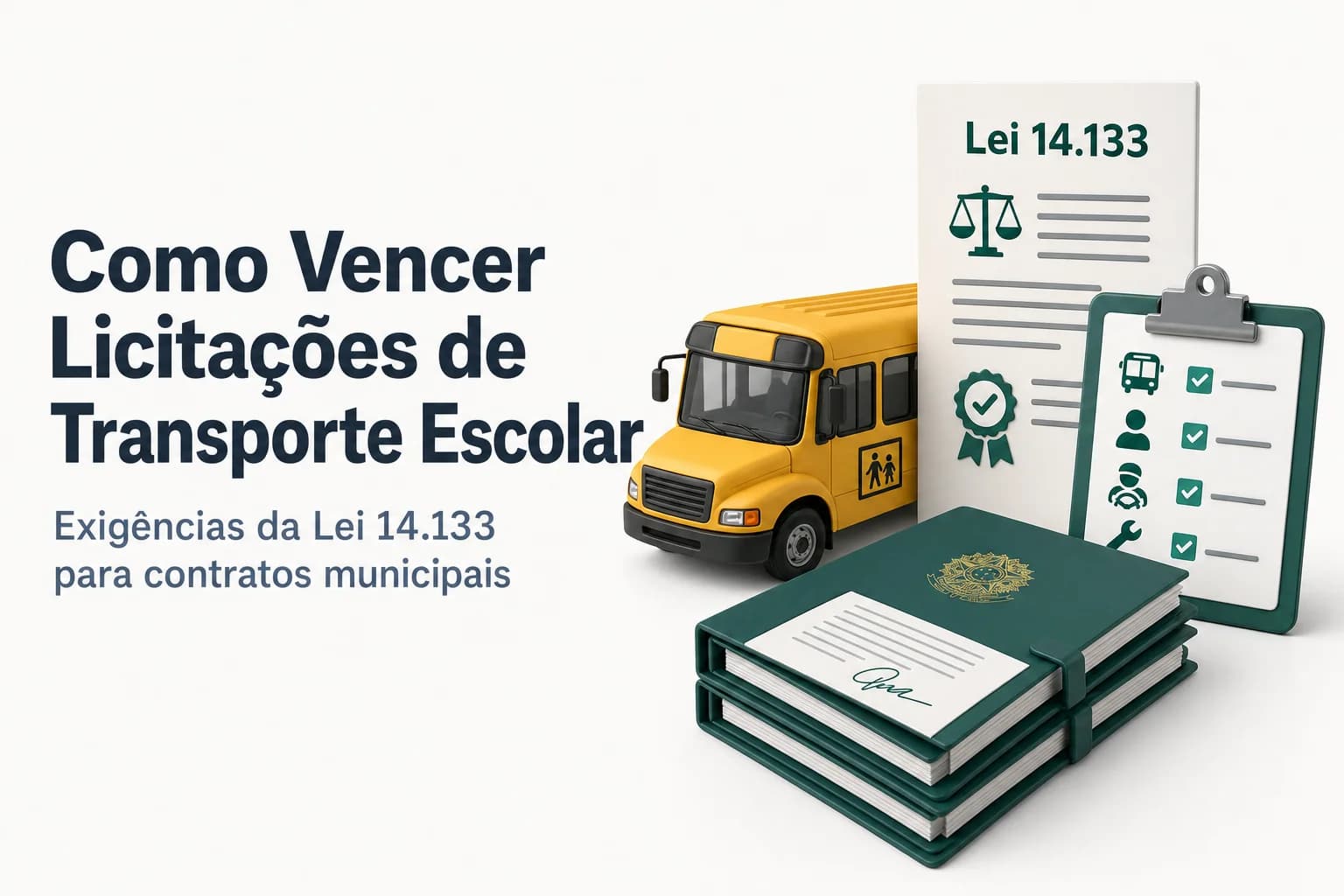Ônibus escolar amarelo estacionado em frente a uma escola, com placa de licitação ao lado.