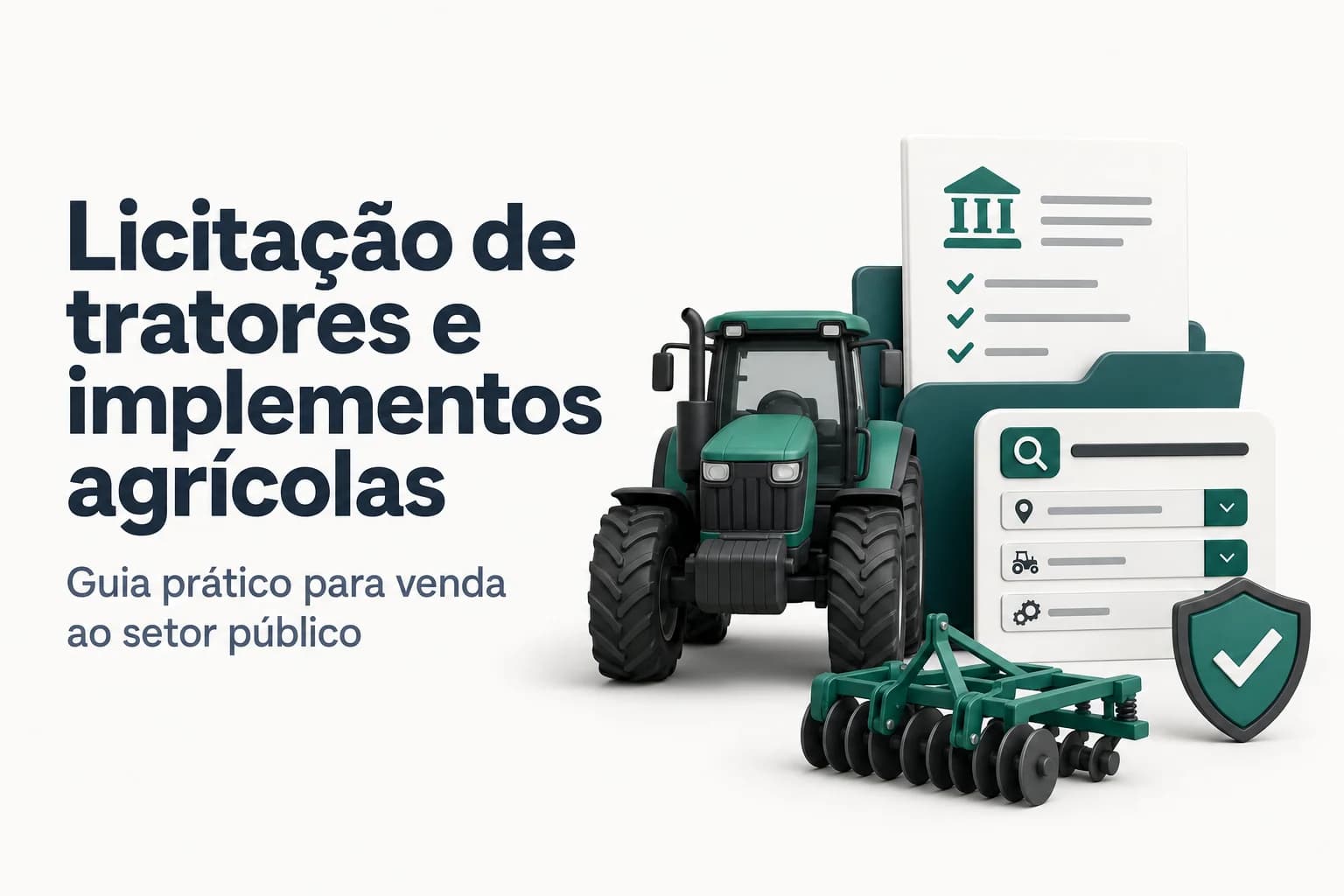 Trator agrícola sendo utilizado em plantação, ilustração de licitação pública para equipamentos agrícolas.