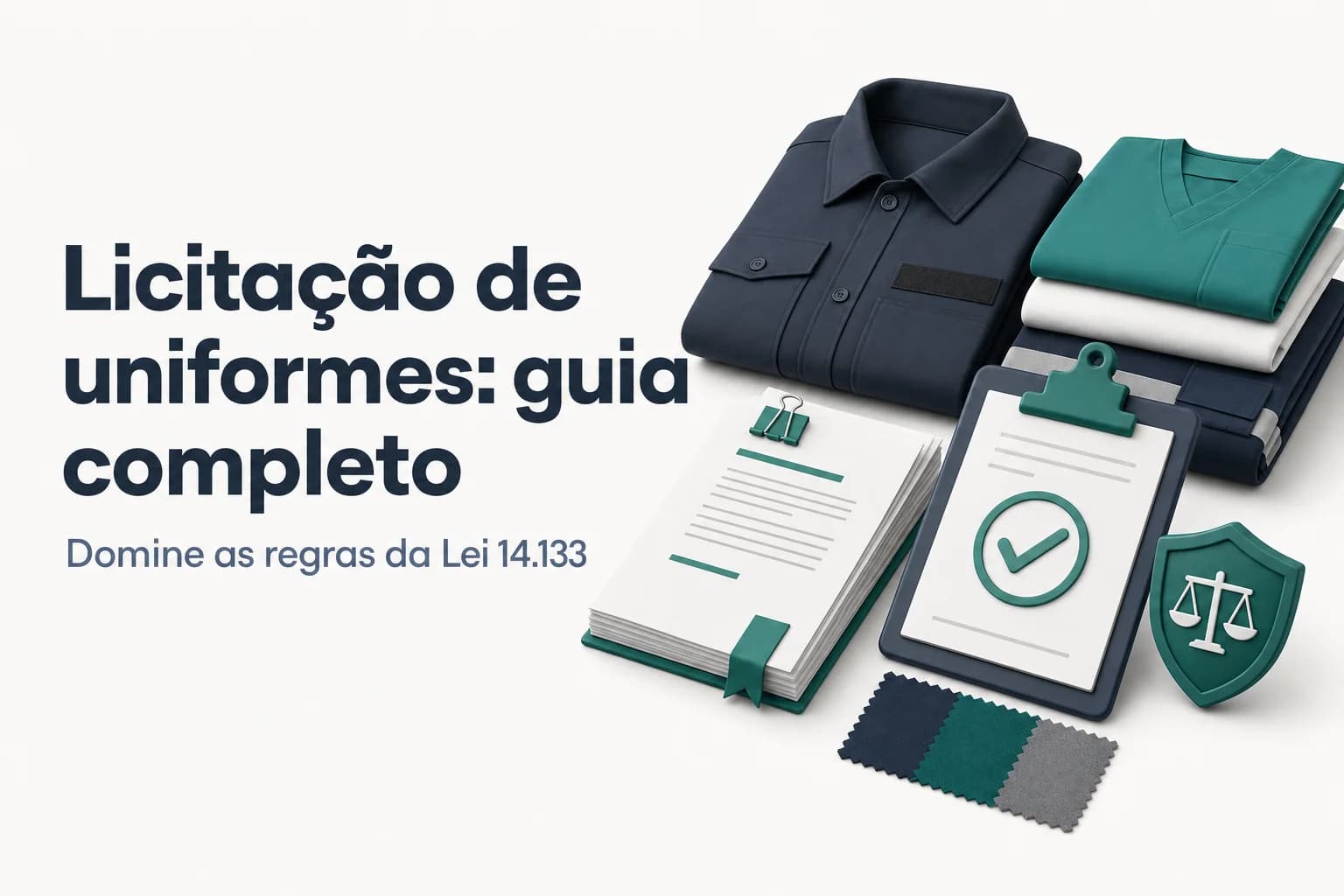 Uniforme profissional sobre mesa com documento de licitação ao lado.