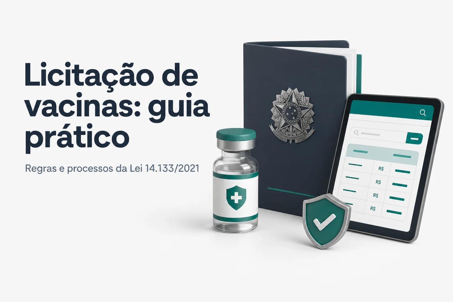 Ilustração de seringa e frasco de vacina com documentos de licitação ao fundo.