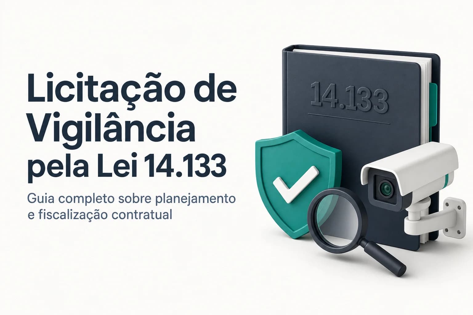 Imagem ilustrativa de um vigilante patrimonial em frente a um prédio público, com destaque para documentos de licitação e um edital.