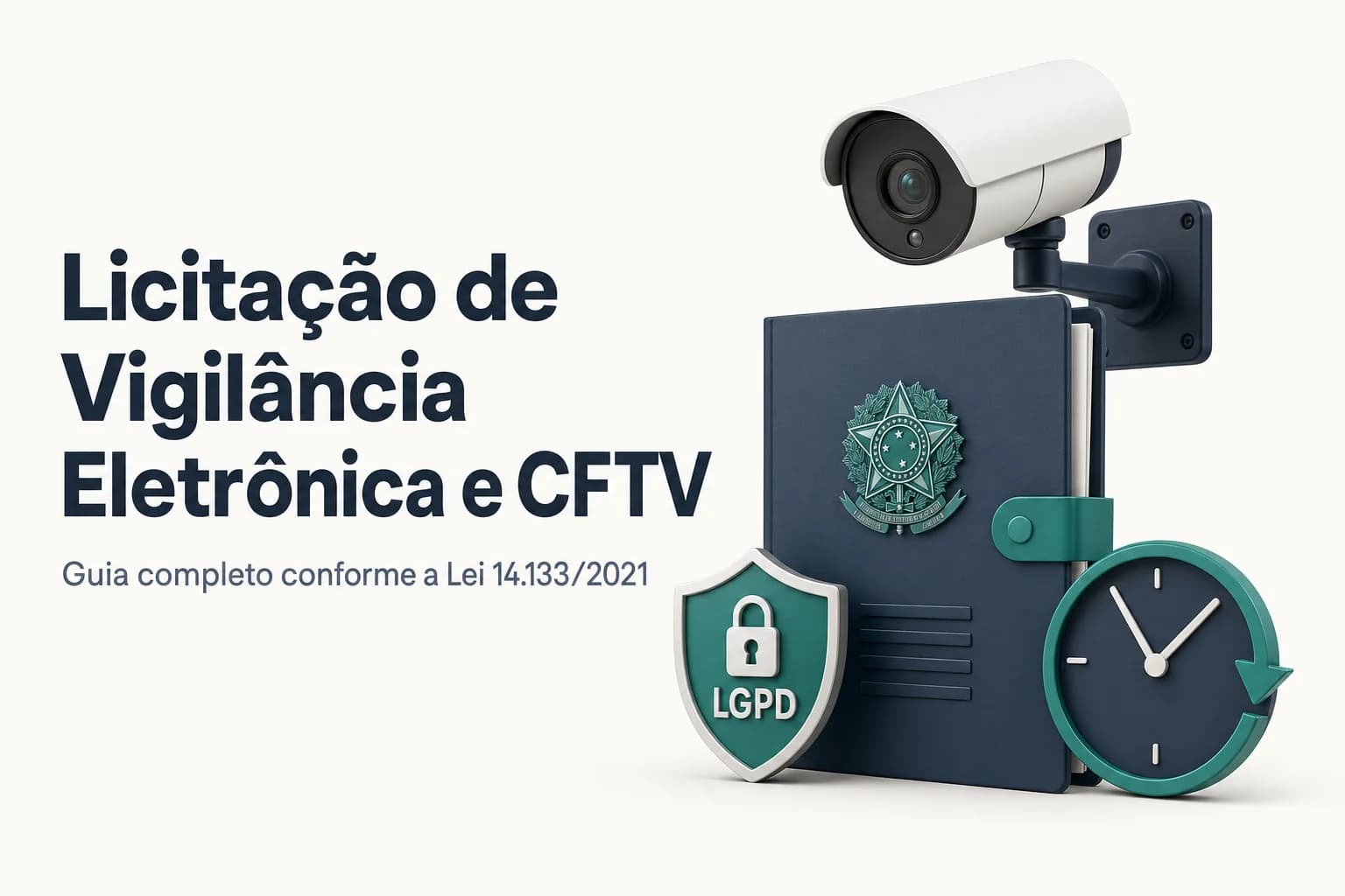 Imagem ilustrativa de câmeras de vigilância em ambiente público com destaque para documento de licitação ao lado.