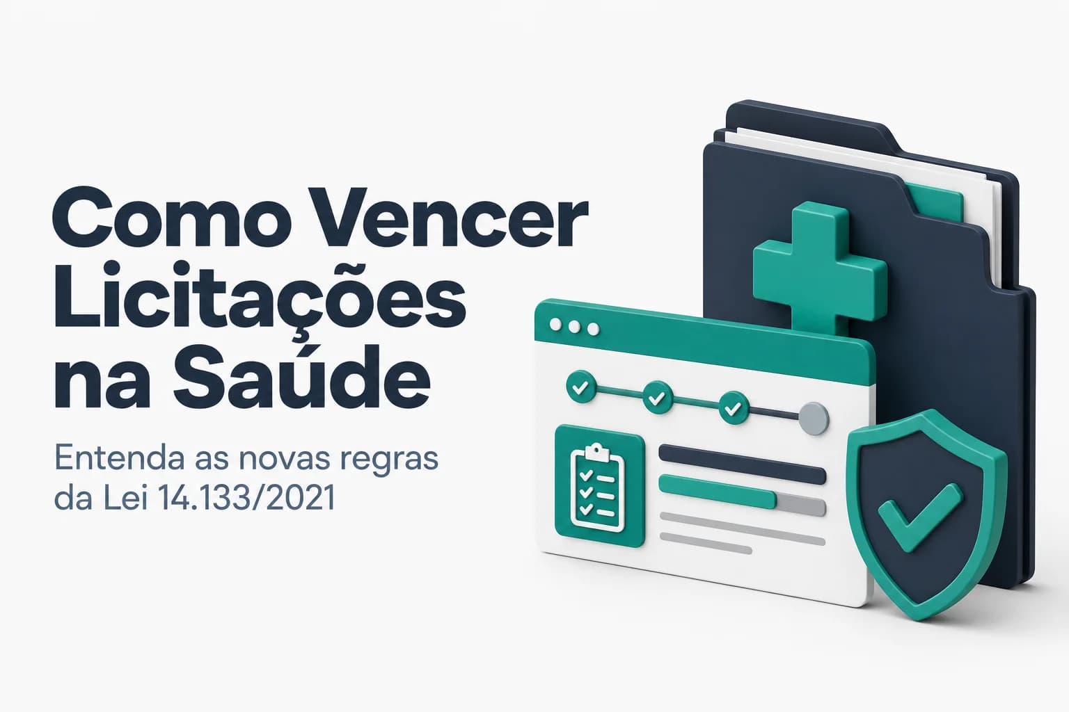 Ilustração de medicamentos e documentos de licitação sobre fundo azul com a palavra 'Lei 14.133'.