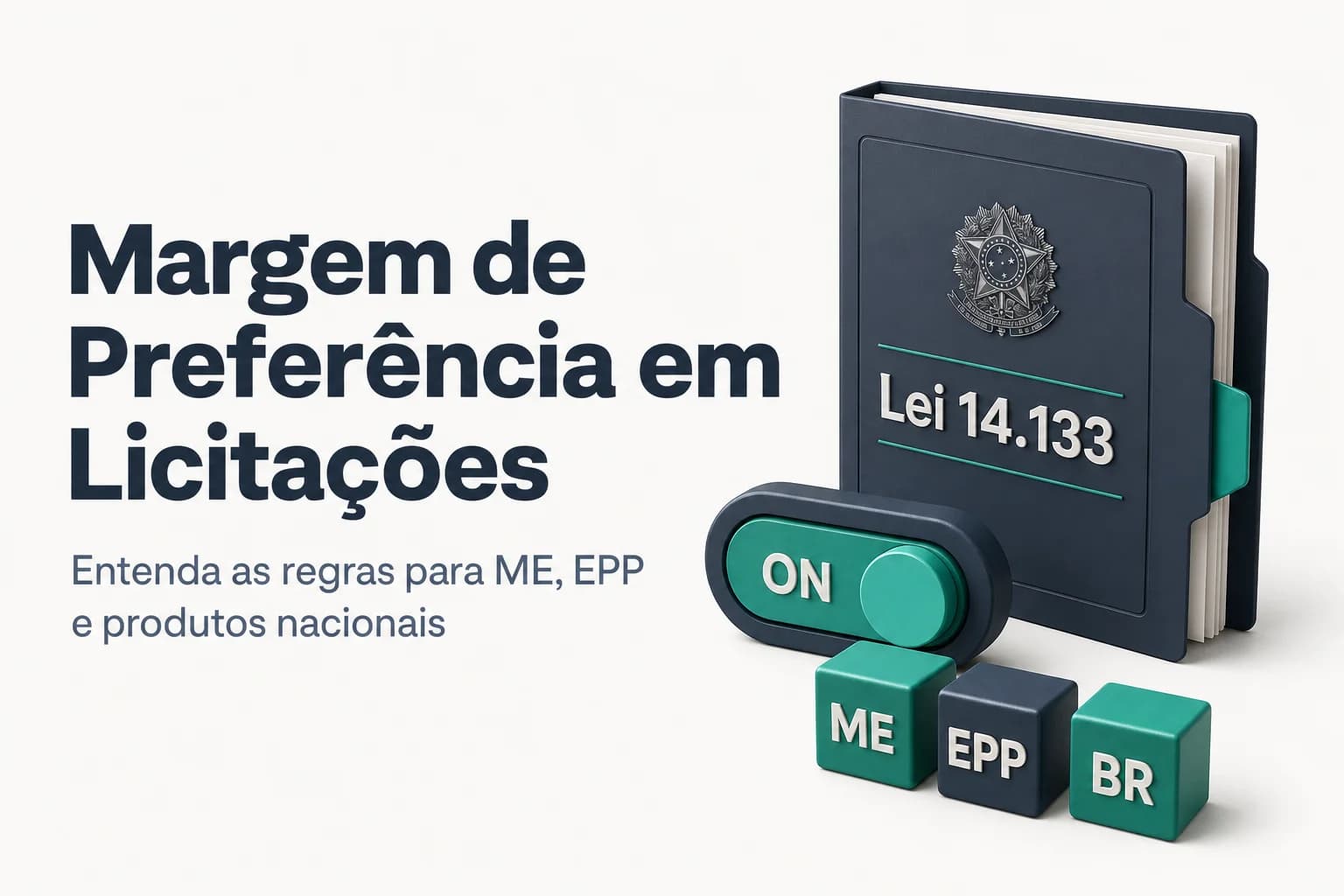 Ilustração de uma balança com bandeira do Brasil e selos de ME e EPP, representando a margem de preferência em licitações públicas.