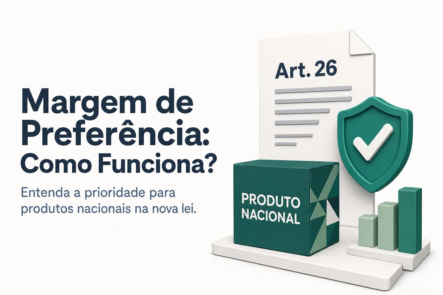 Ilustração de uma balança com bandeira do Brasil de um lado e do globo do outro, representando a margem de preferência para produtos nacionais em licitações públicas.