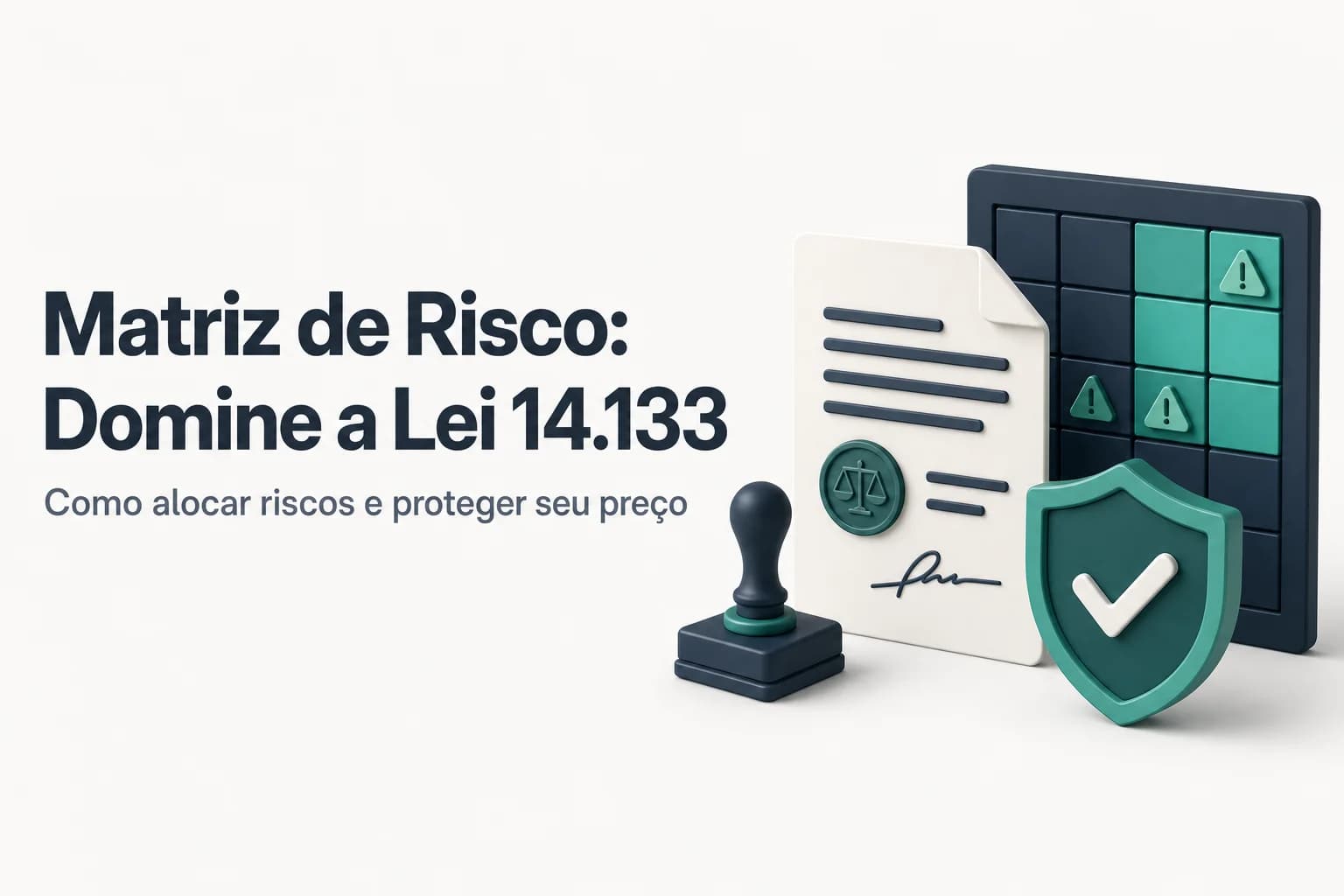 Infográfico ilustrando a matriz de riscos em contratos públicos com ícones de obra e documentos