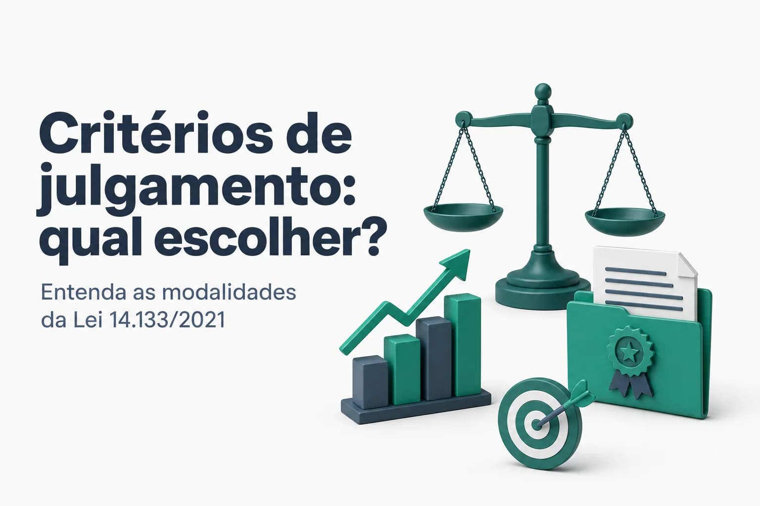 Infográfico com os seis critérios de julgamento de licitações da Lei 14.133/2021: menor preço, maior desconto, melhor técnica, técnica e preço, maior lance, maior retorno econômico.