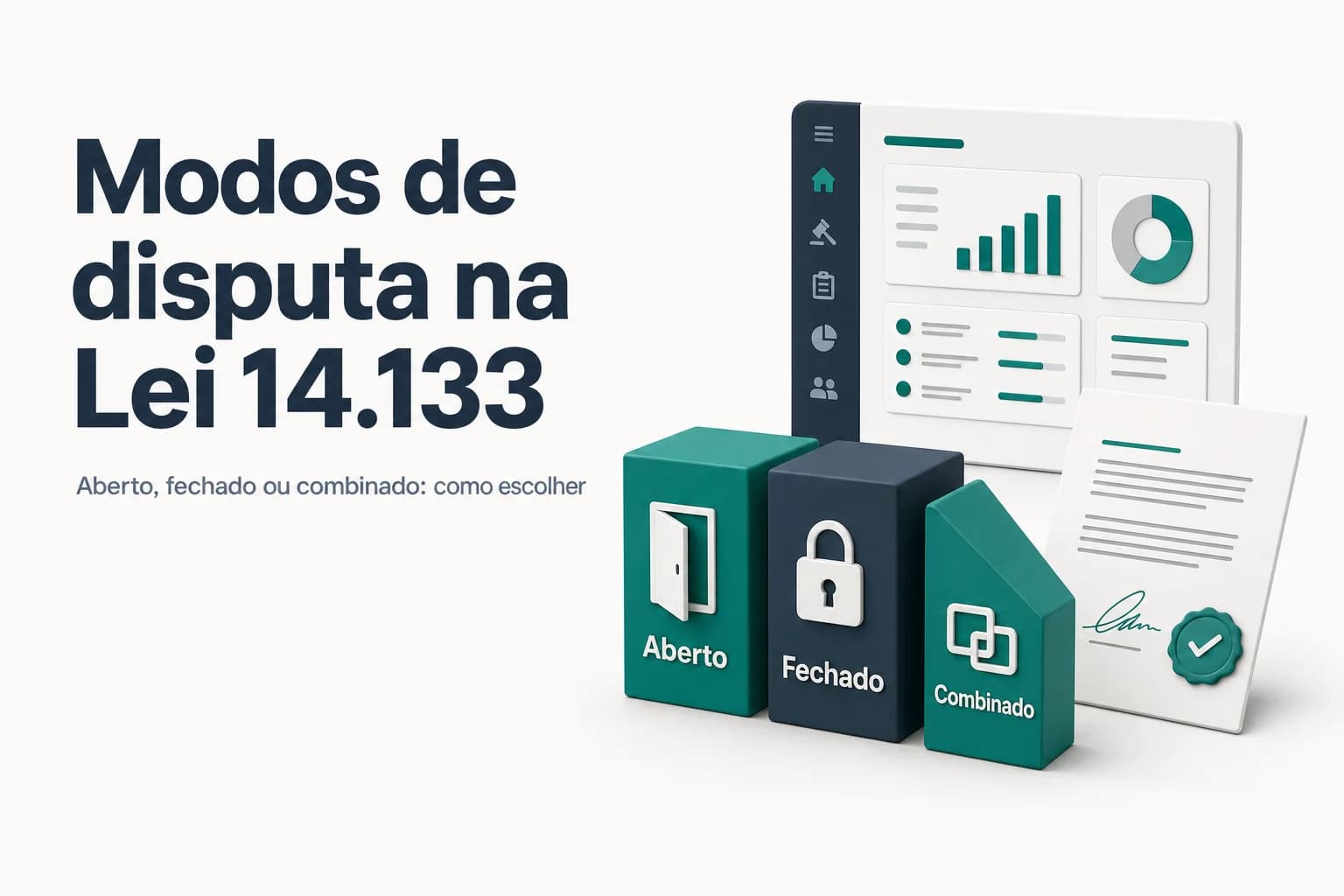 Ilustração representando os modos de disputa no pregão eletrônico: aberto (lances públicos), fechado (propostas sigilosas) e combinado (aberto-fechado).