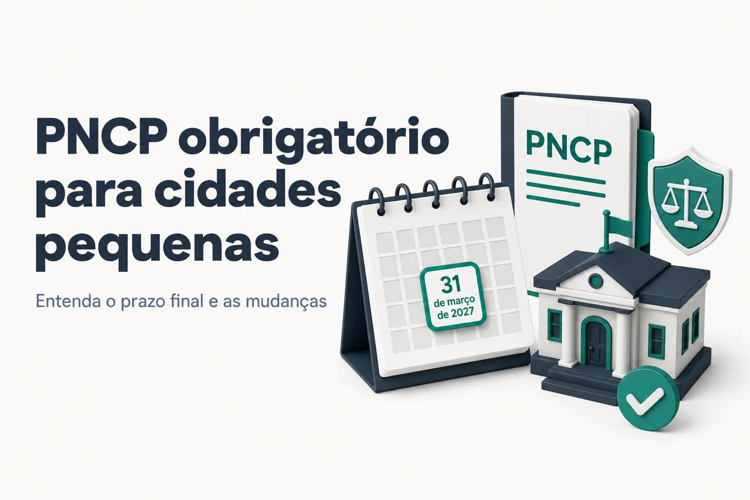 Ilustração de um município pequeno com um calendário marcando 31 de março de 2027 e o logo do PNCP.