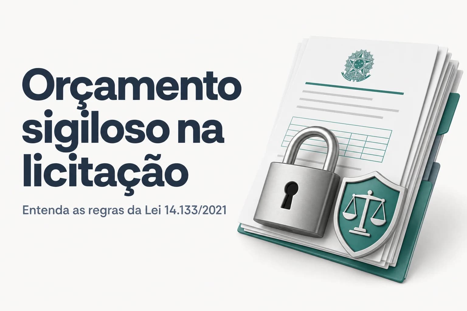 Infográfico explicativo sobre o orçamento sigiloso na Lei 14.133/2021, com ícones de sigilo, licitação e controle.