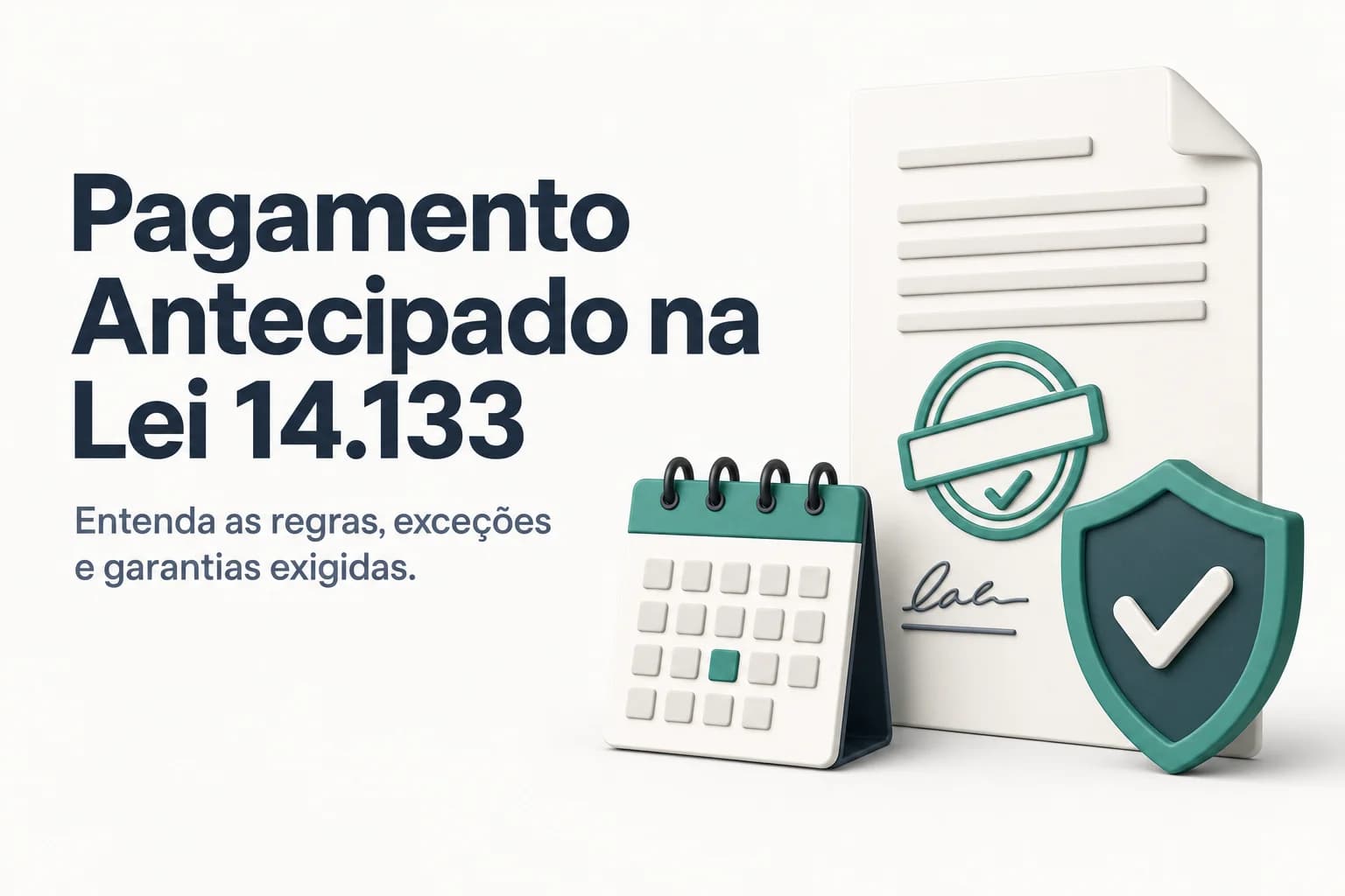Ilustração de um contrato público com calendário e cifrão em destaque, indicando antecipação de pagamento.