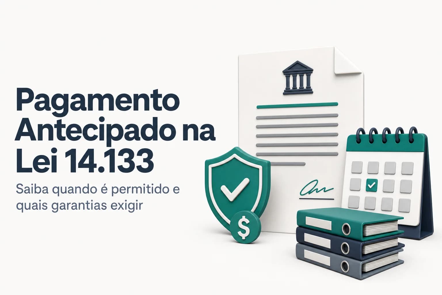 Ilustração de contrato com carimbo de 'pagamento antecipado' e ícones de garantia financeira ao lado.