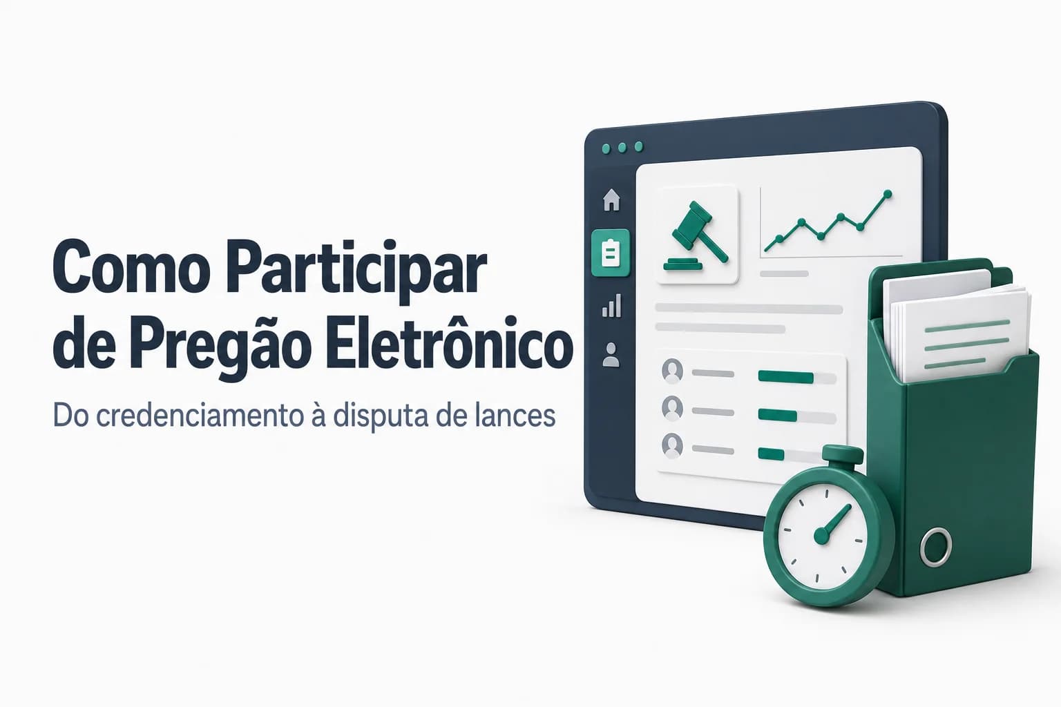 Passo a passo para participar de pregão eletrônico, com ilustração de credenciamento, proposta e lances.