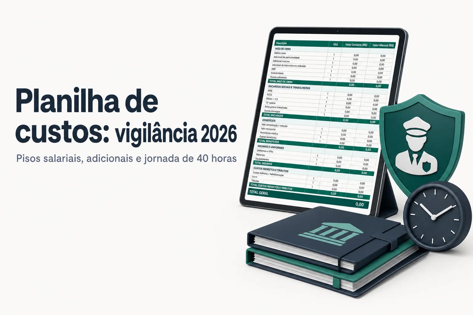 Modelo de planilha de custos para serviço de vigilância patrimonial mostrando os seis módulos e os pisos salariais de 2026