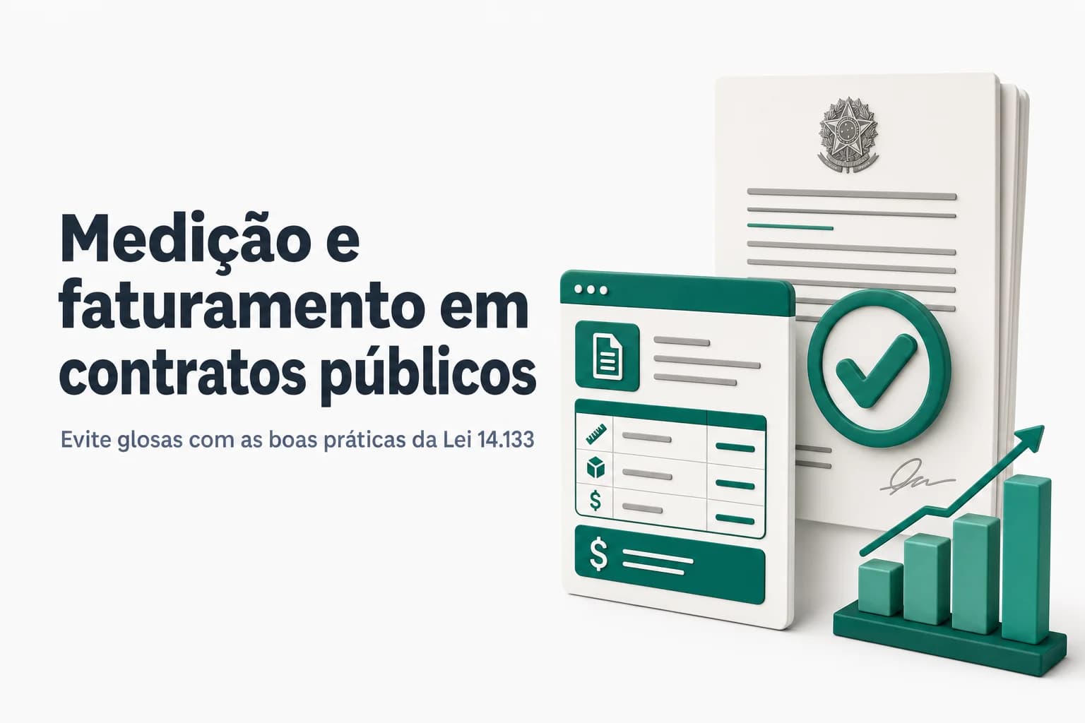 Ilustração de um boletim de medição e nota fiscal sobre a mesa, com gráficos de verificação e selo de aprovado.