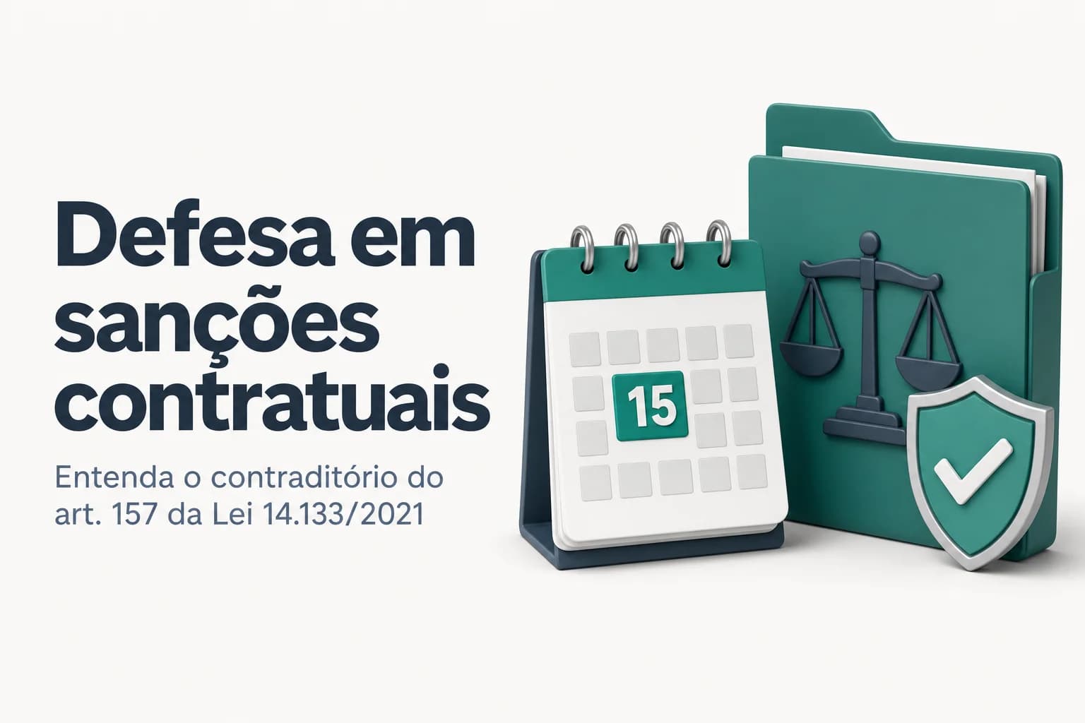 Ilustração do prazo de defesa em sanções contratuais na Lei 14.133/2021 com calendário destacando 15 dias úteis.