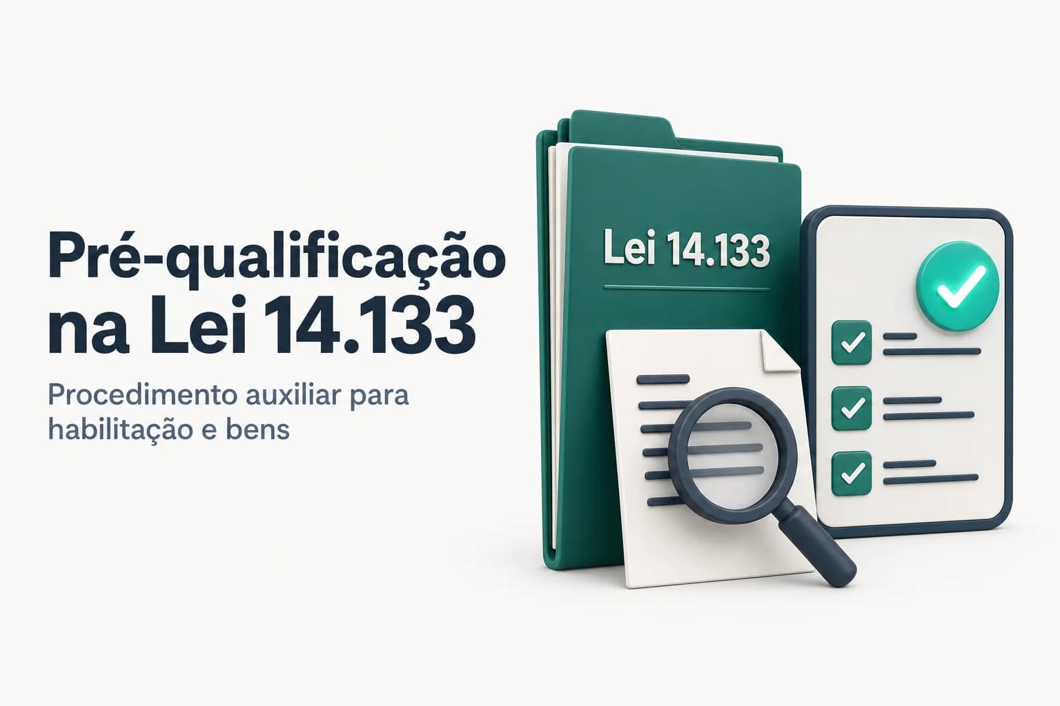 Diagrama explicativo da pré-qualificação na Lei 14.133, com exemplos de modalidades subjetiva e objetiva e fluxo do certame.