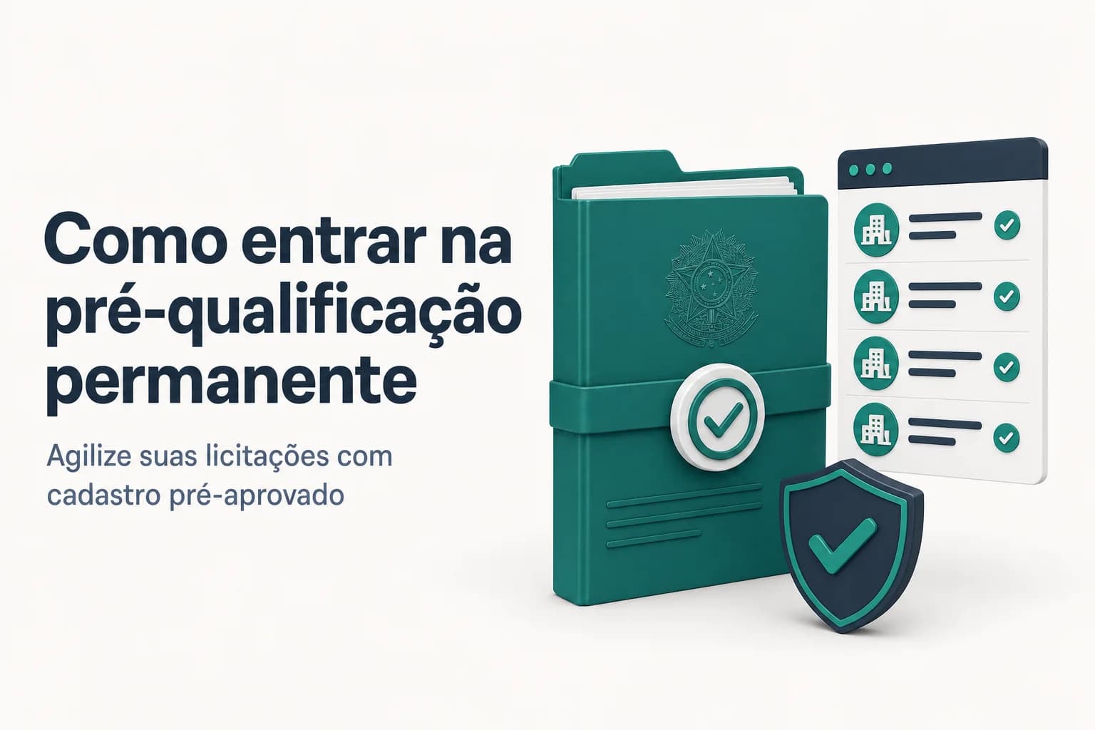 Ilustração de documentos e checklists representando o processo de pré-qualificação de fornecedores na administração pública.
