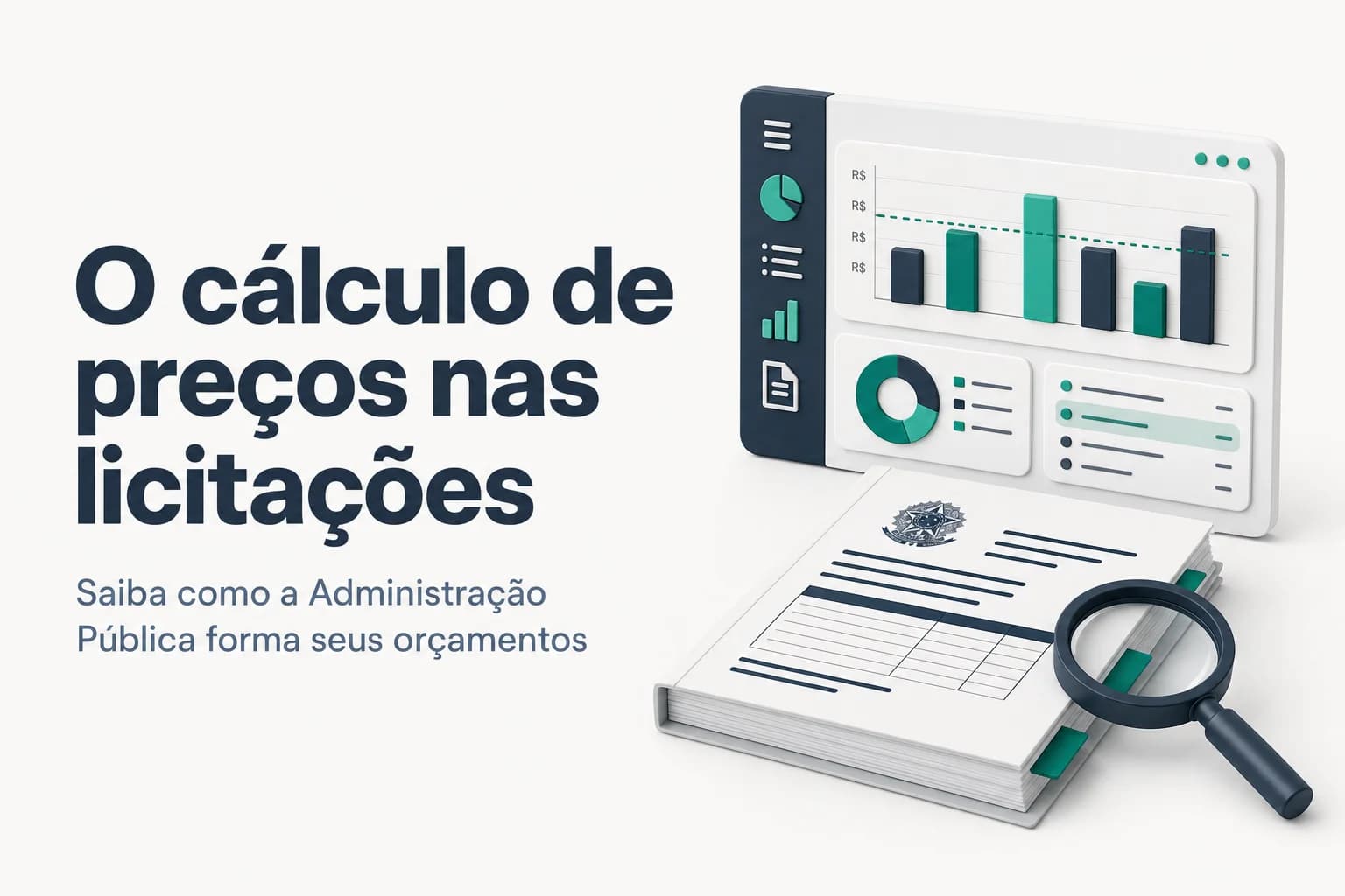 Gráfico ilustrando a formação de preço estimado em licitações públicas, com setas ligando fontes de dados ao valor final.