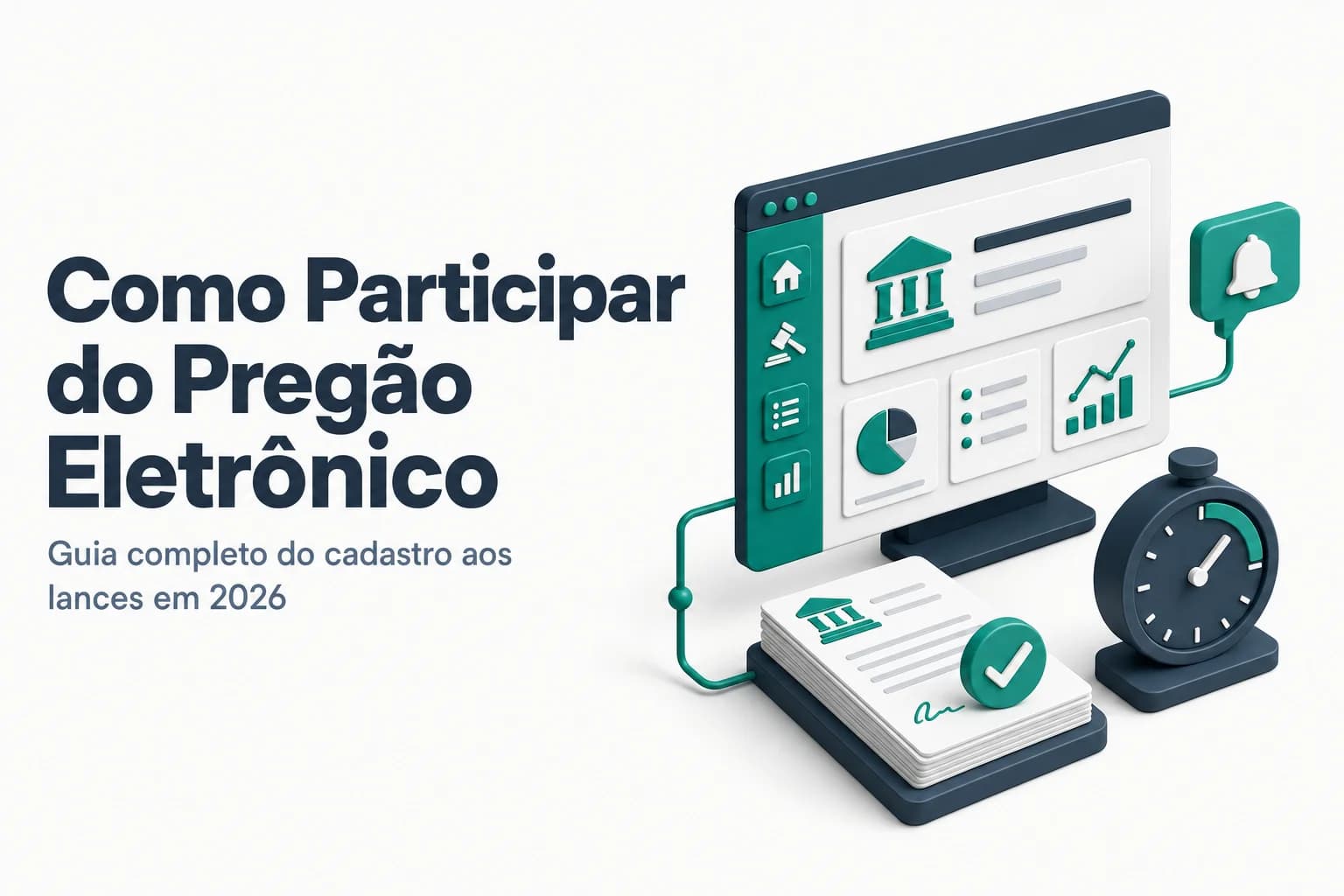 Homem segurando notebook em escritório com gráficos e selo do governo federal, ilustrando participação em pregão eletrônico.