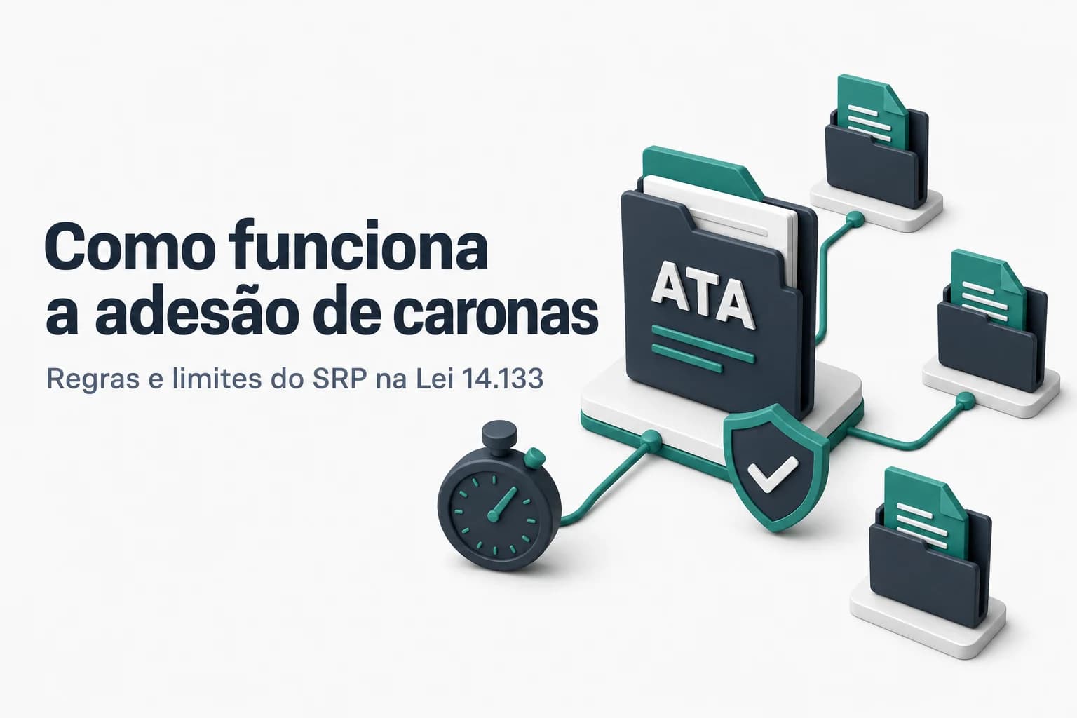 Ilustração de pregão eletrônico com SRP e caronas, ícones de licitação e contrato.