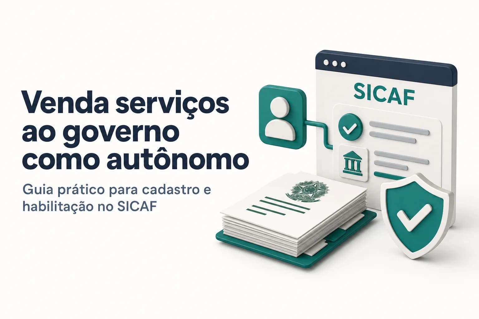 Ilustração de um profissional autônomo usando notebook com a tela do portal Compras.gov.br e documentos de licitação ao lado.
