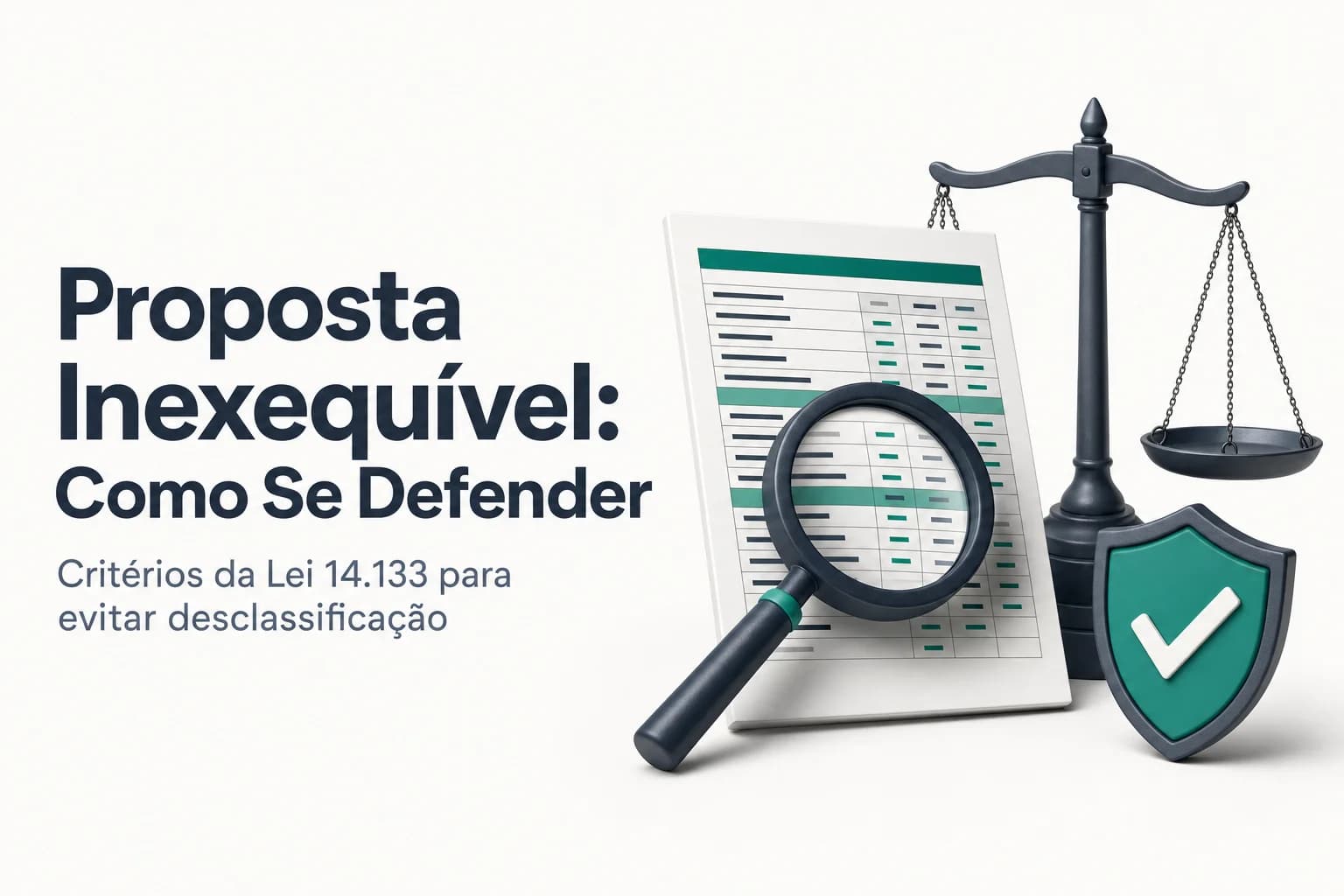 Ilustração de um documento com selo de 'inexequível' e uma lupa sobre planilhas de custos