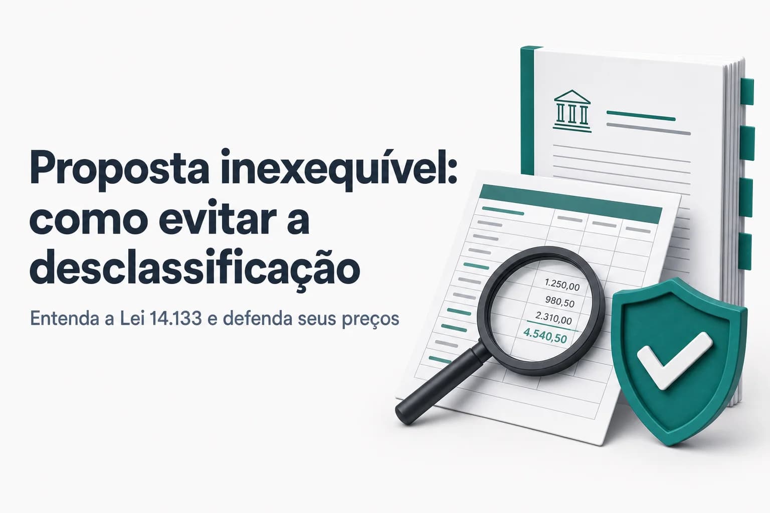Ilustração de uma proposta de licitação sendo analisada com lupa, representando o conceito de inexequibilidade