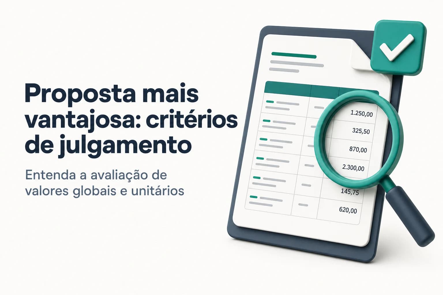 Infográfico mostrando os critérios de avaliação de proposta mais vantajosa: valor global, preços unitários e garantias contratuais.
