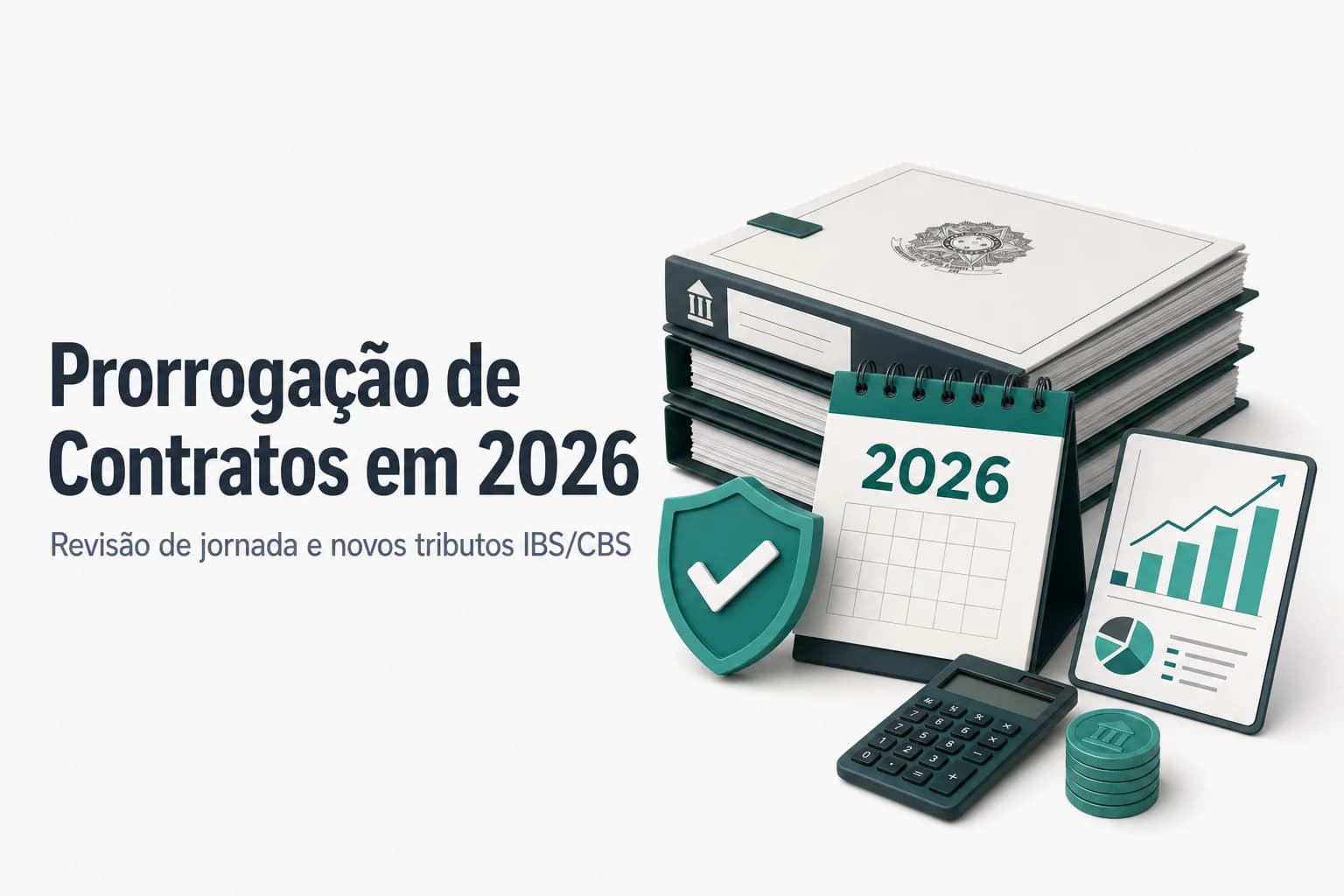 Documentos de contrato público sobre mesa com calculadora e caneta, representando a revisão de prorrogação contratual.
