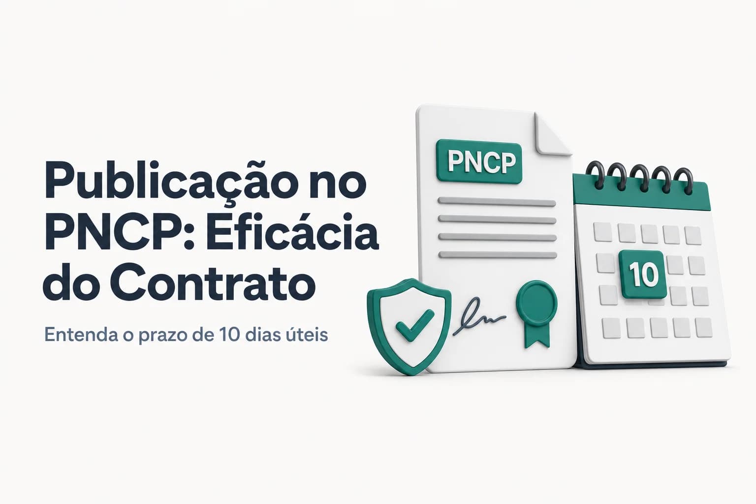 Ilustração de um contrato sendo publicado no PNCP ao lado de um calendário com destaque para o prazo de 10 dias úteis.