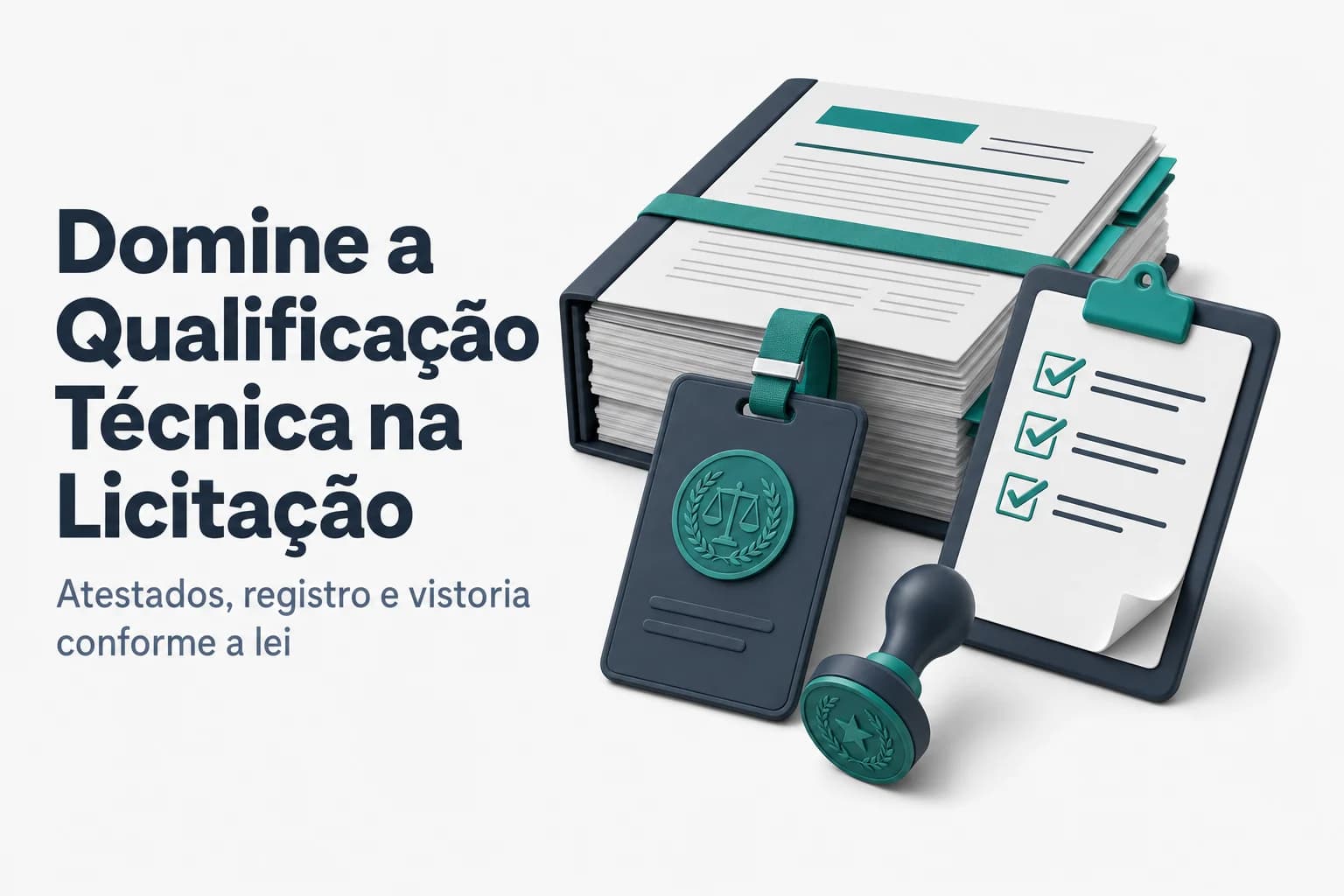 Documentos técnicos e selo de registro profissional sobre fundo azul, representando a qualificação técnica em licitações.