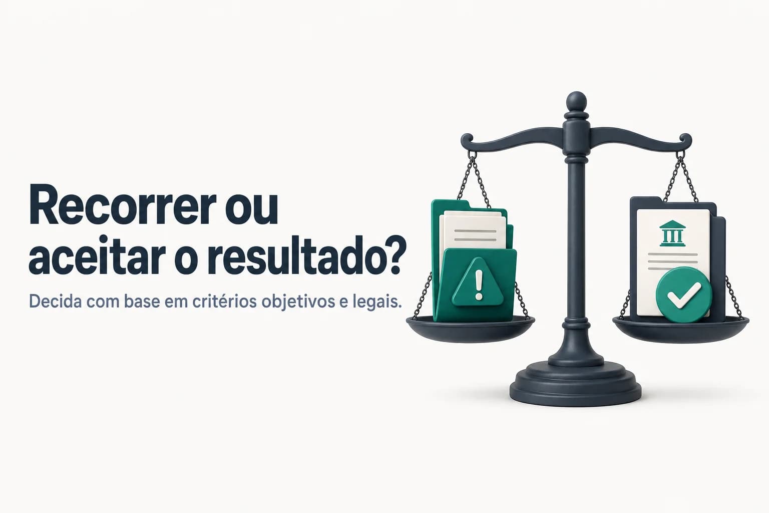Ilustração de balança com as palavras 'Recorrer' e 'Aceitar' em lados opostos, representando a decisão estratégica em licitações públicas.