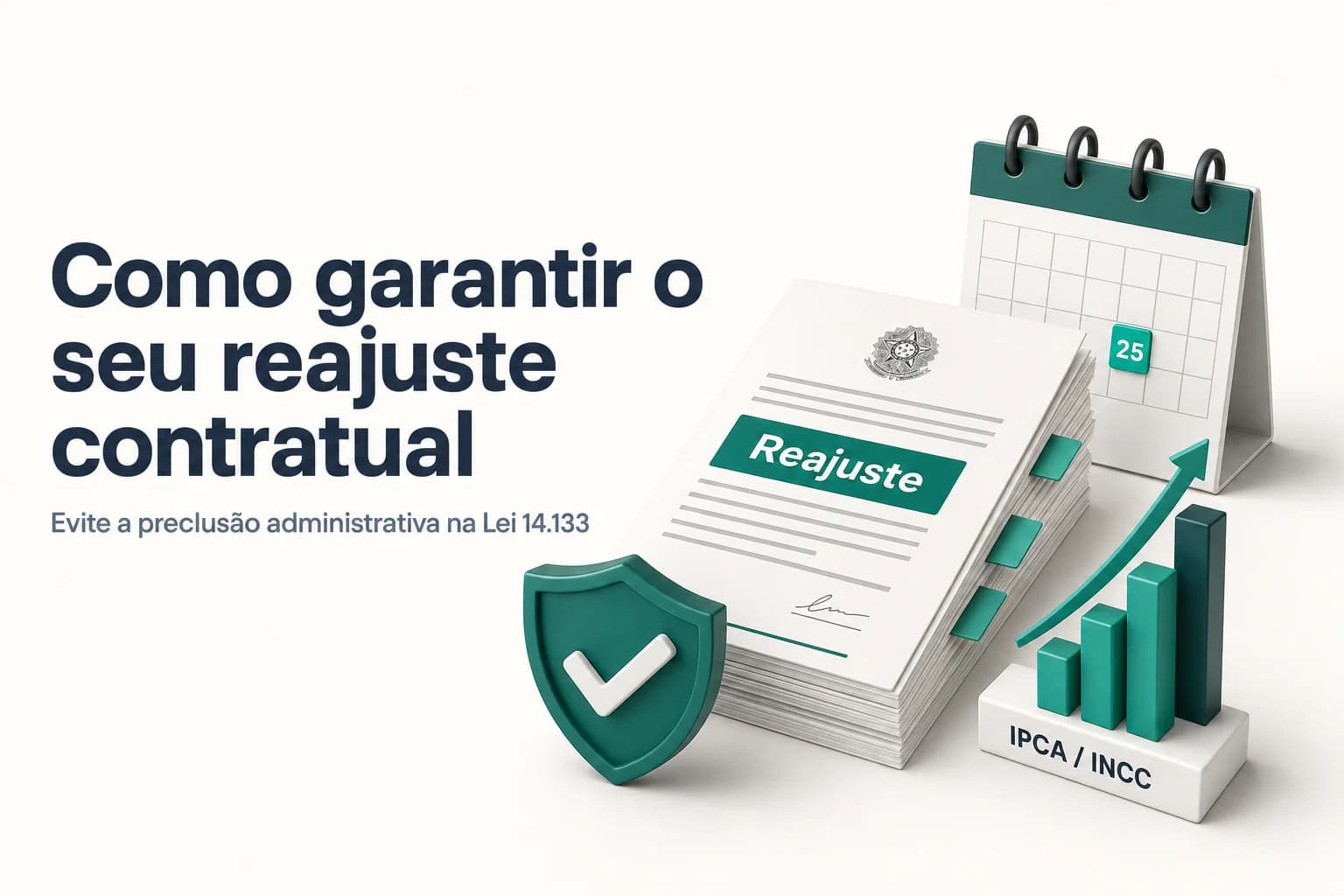 Documento de contrato administrativo com destaque para cláusula de reajuste anual sobre a mesa de um escritório
